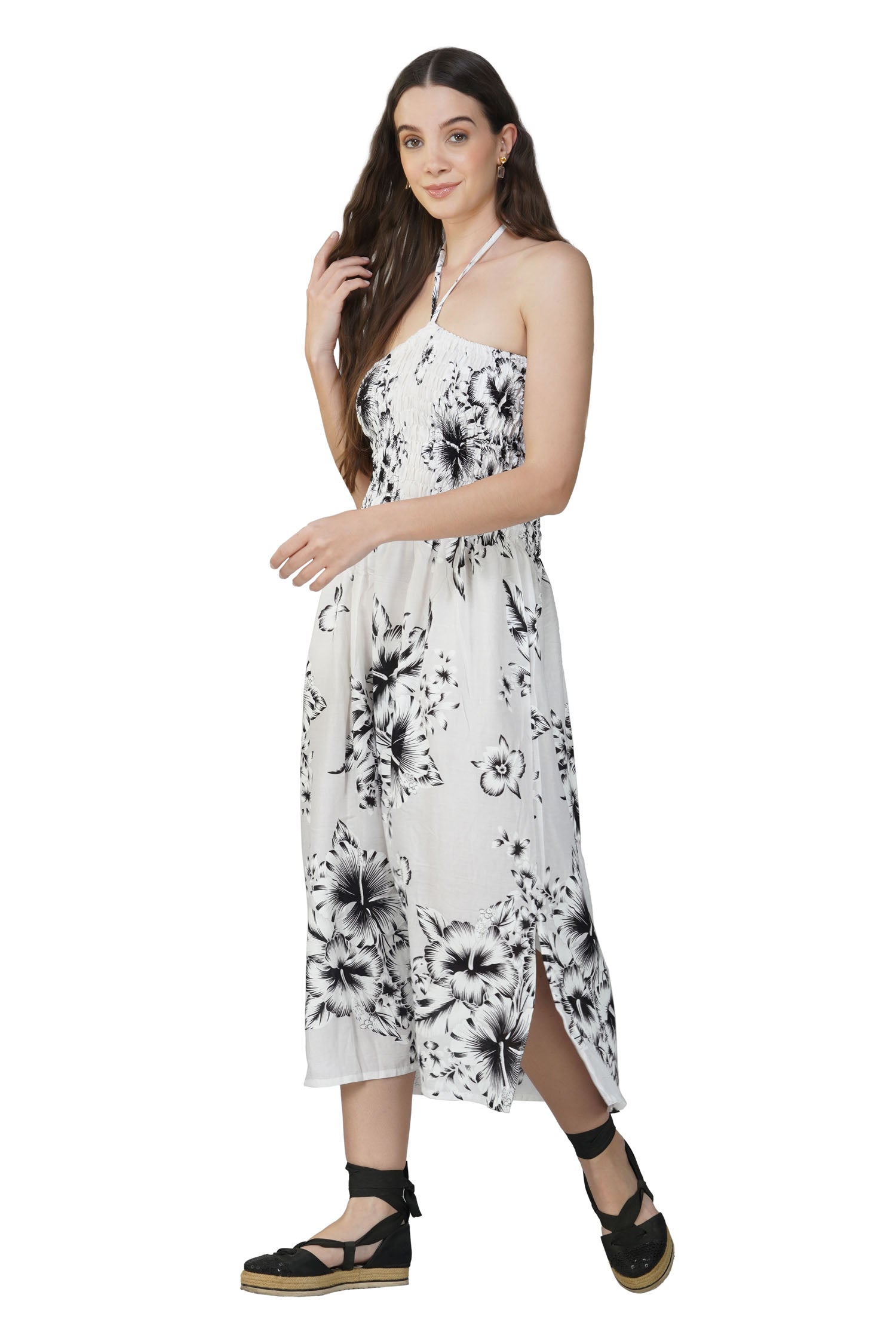 Abstract Print Halter Neck Dress - White