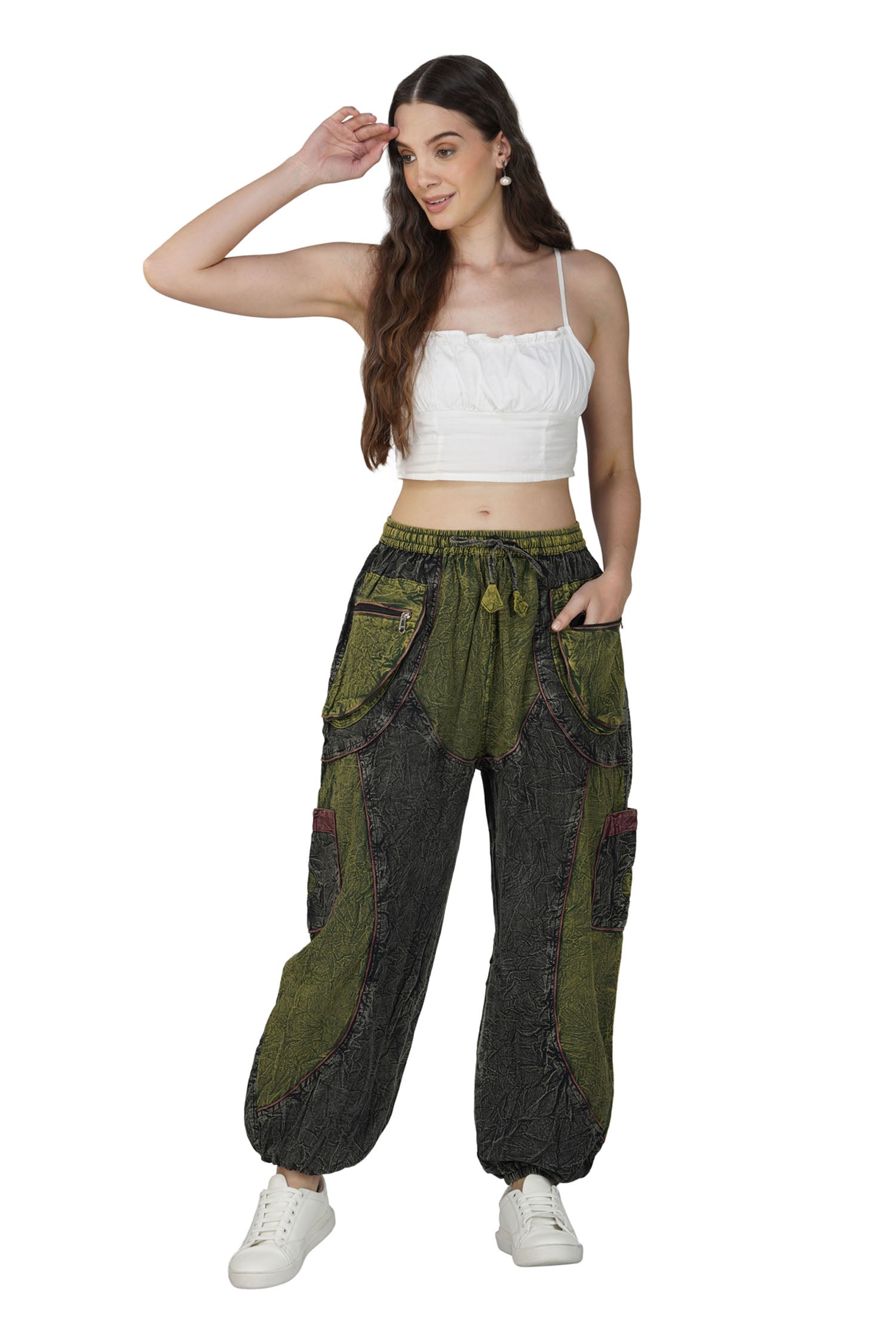 Acid Wash Harem Trousers - Green