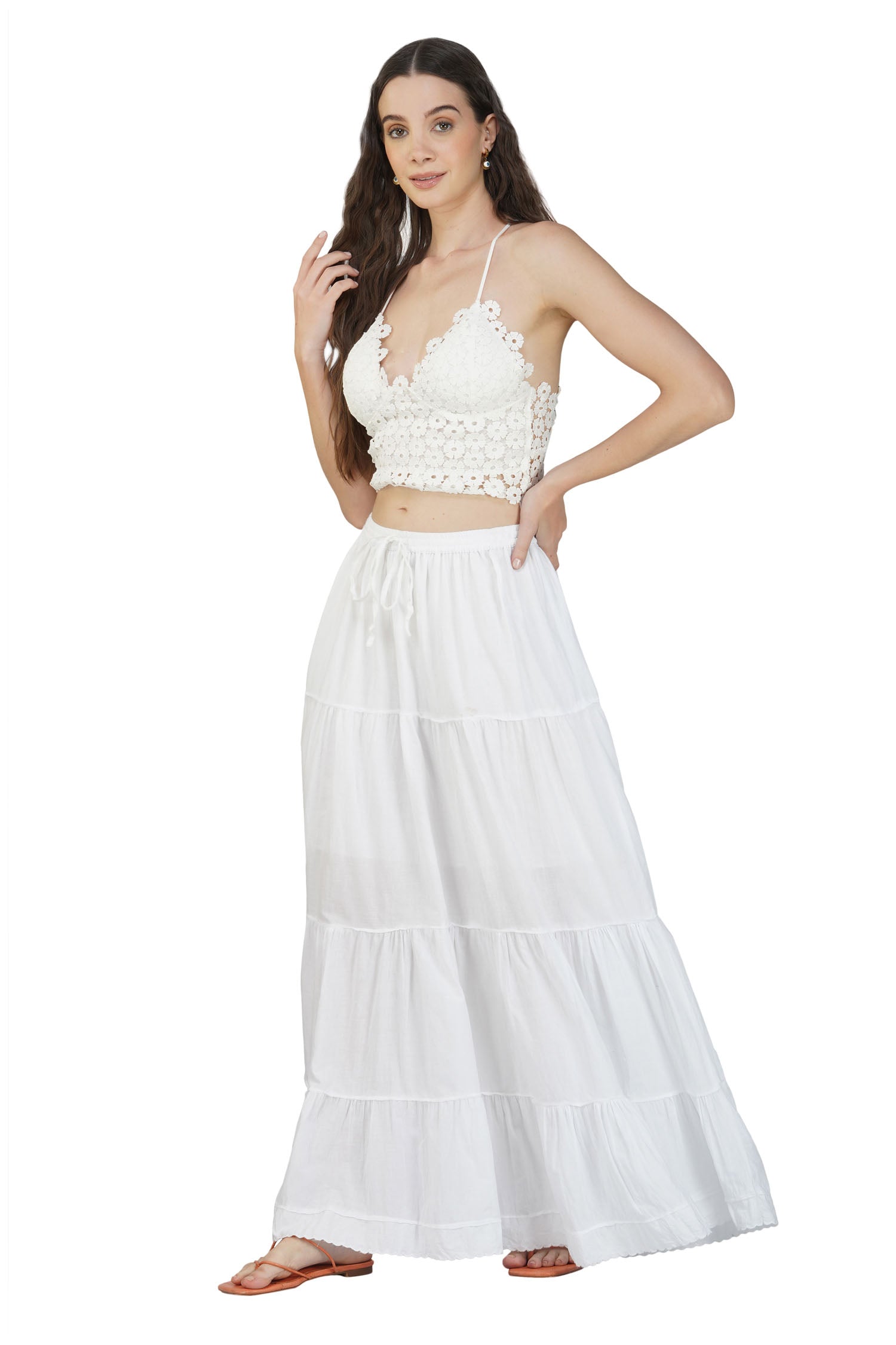 Elastic Waist Ruffle Hem Skirt - White