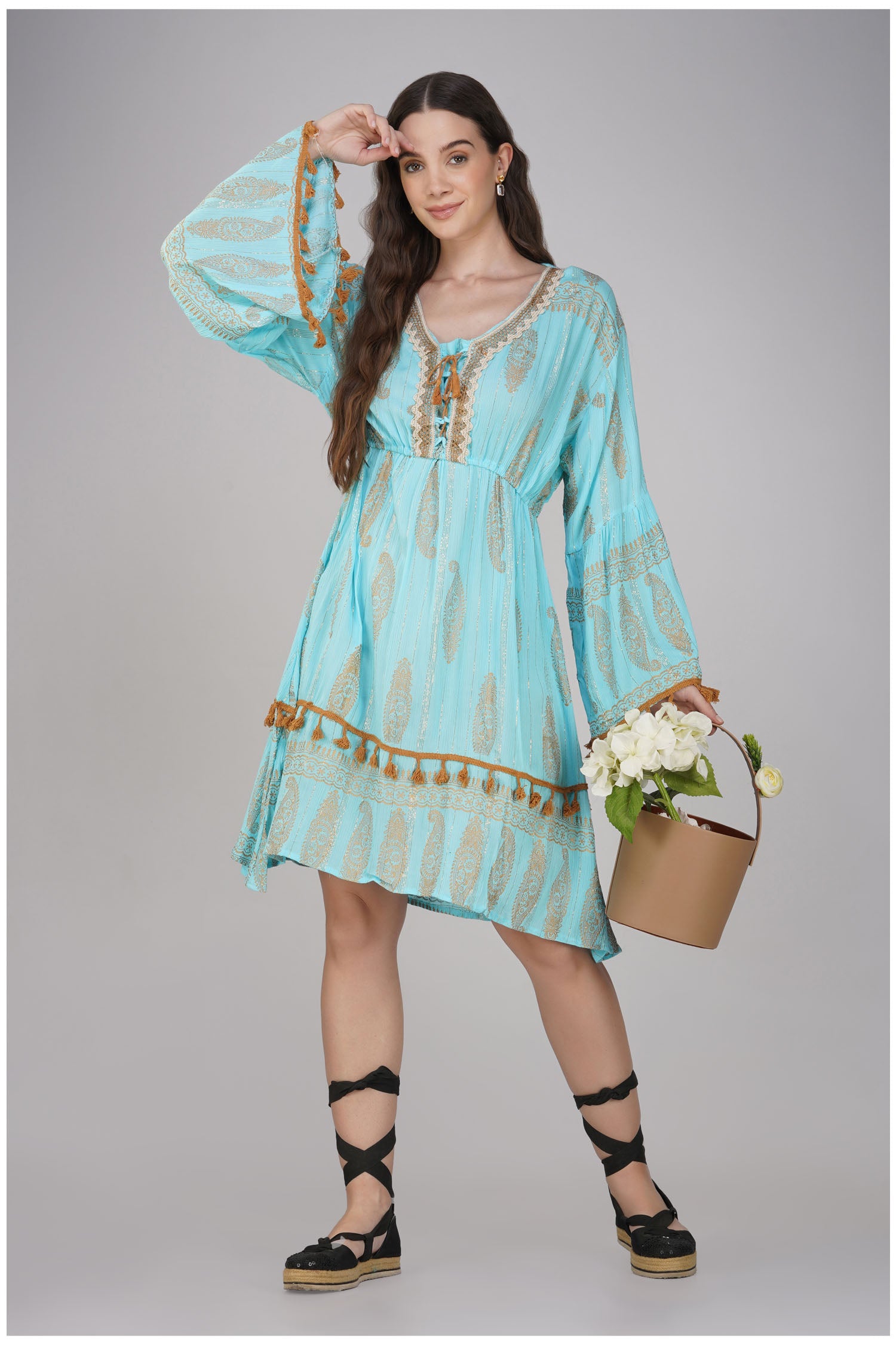 Embroidered Boho Dress - Mint