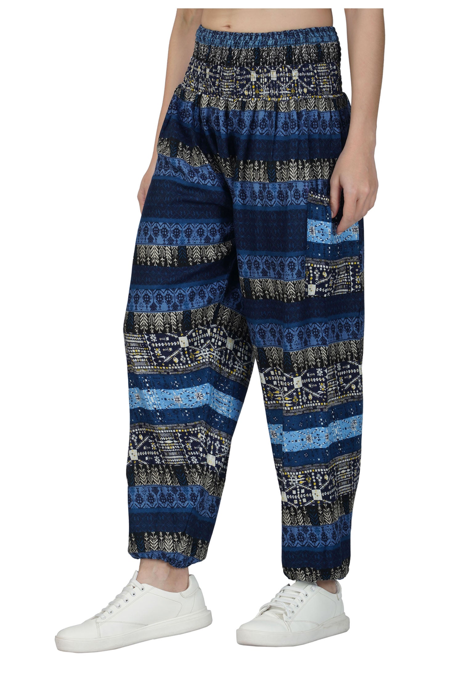 Patchwork Harem Trousers with Side Pocket - Black