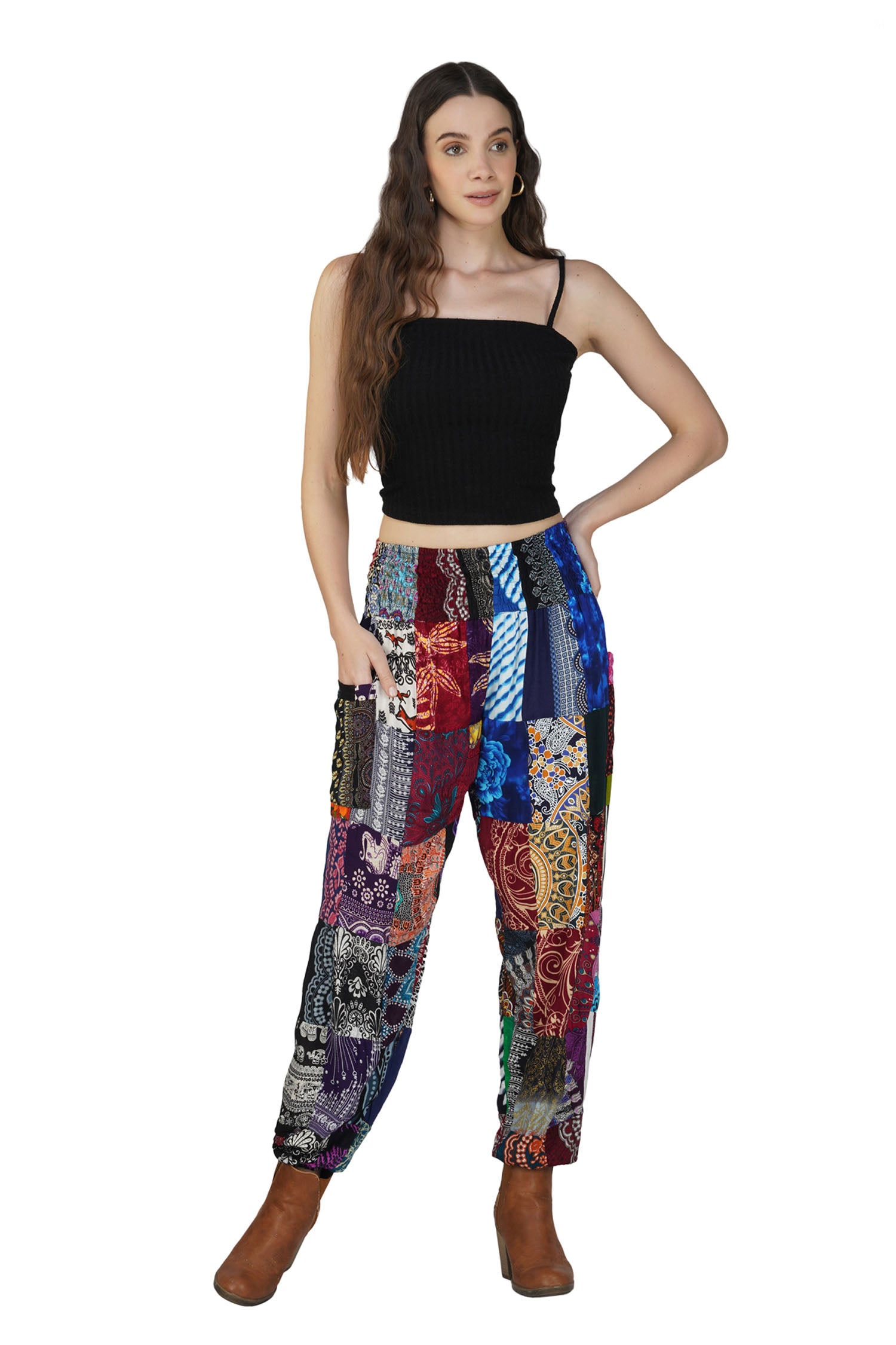 Mixed Patchwork Pants With Smocked Waist - Multicolor