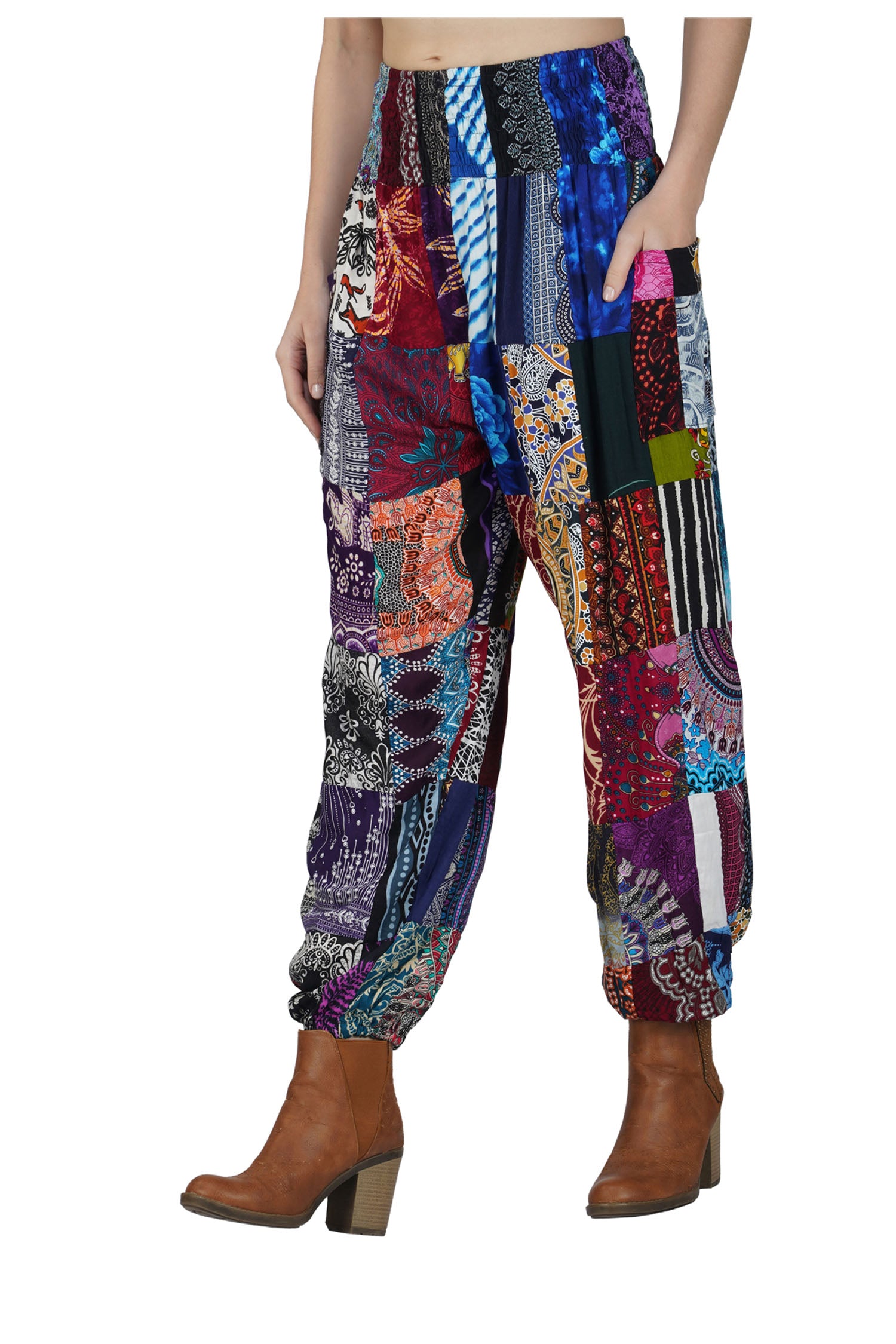 Mixed Patchwork Pants With Smocked Waist - Multicolor