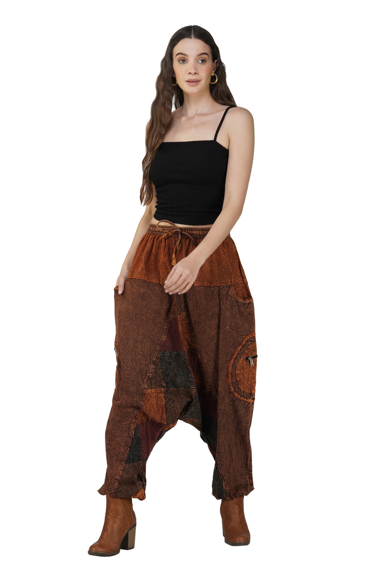 Patchwork Stonewashed Cotton Harem Trousers - Coffee Brown