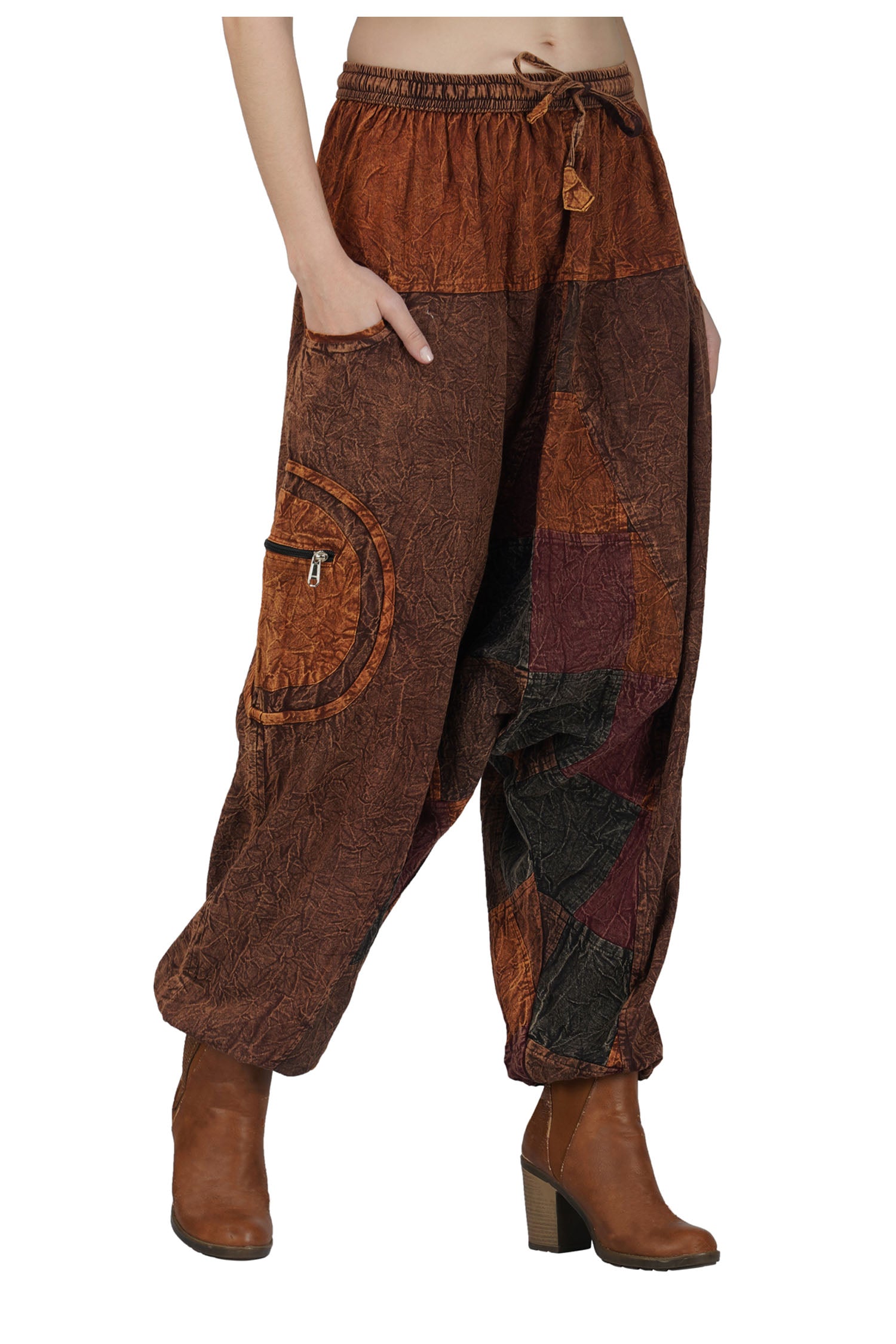 Patchwork Stonewashed Cotton Harem Trousers - Coffee Brown