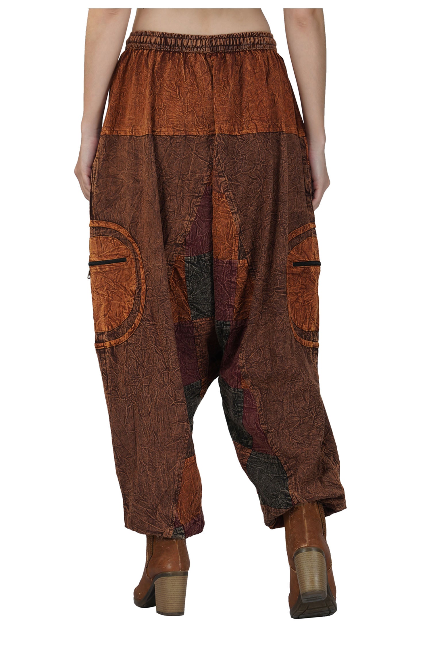 Patchwork Stonewashed Cotton Harem Trousers - Coffee Brown