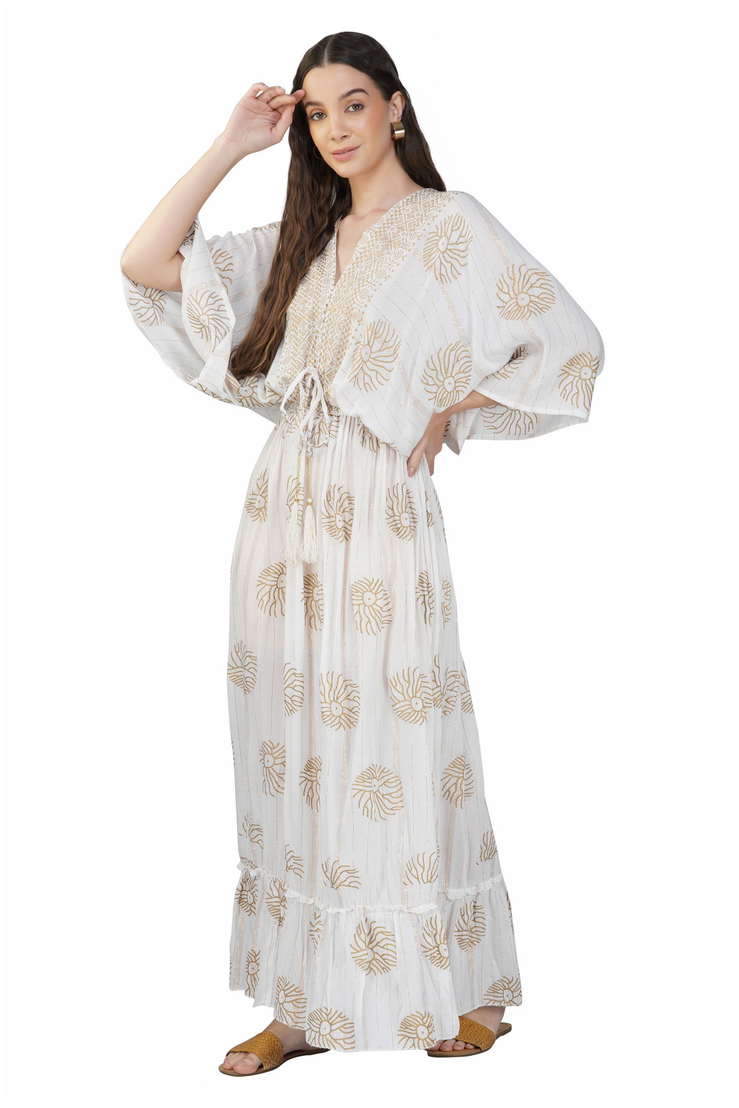 Women's V-Neck Long Maxi Dress with Short Sleeves - White