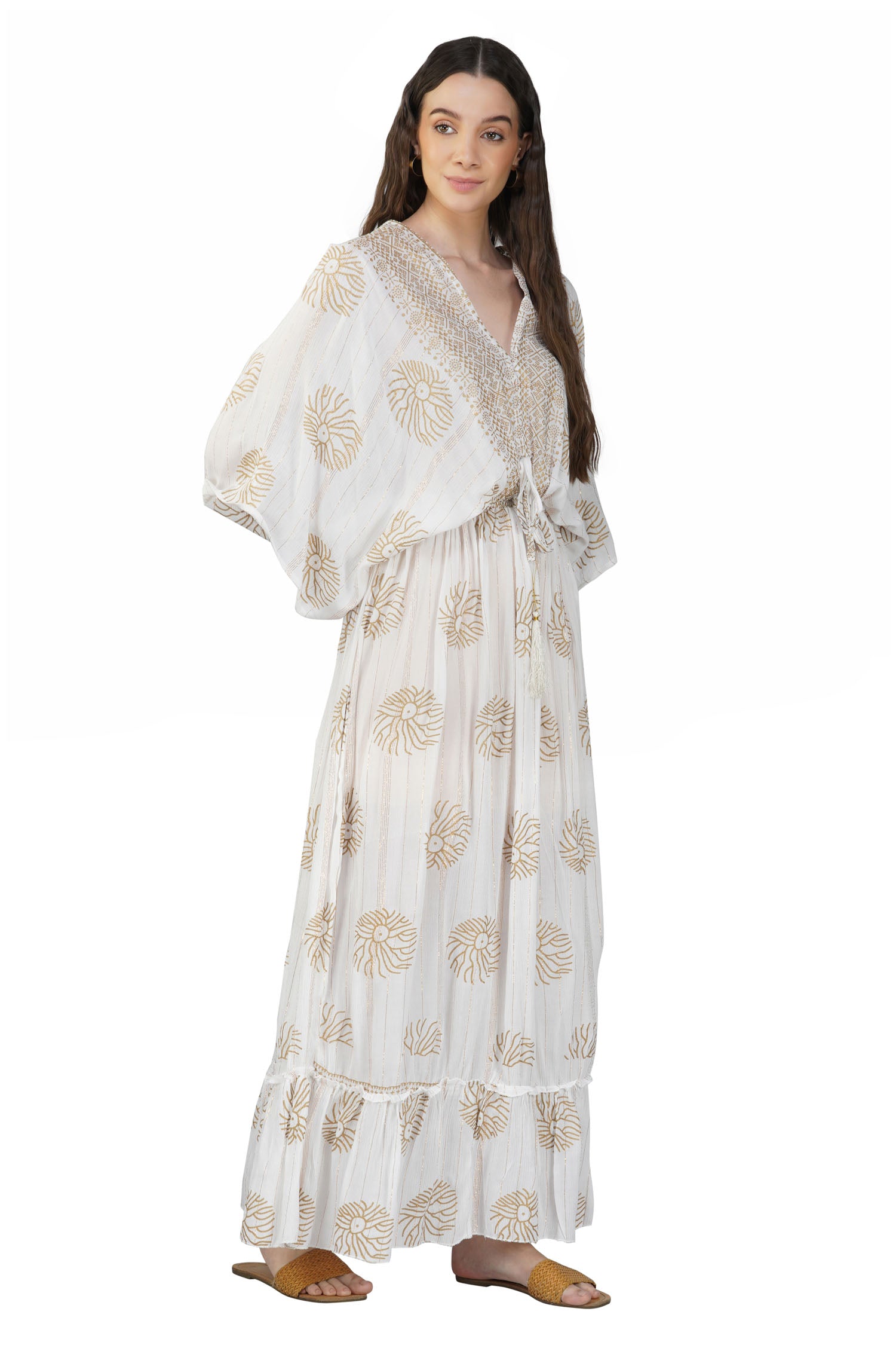 Women's V-Neck Long Maxi Dress with Short Sleeves - White