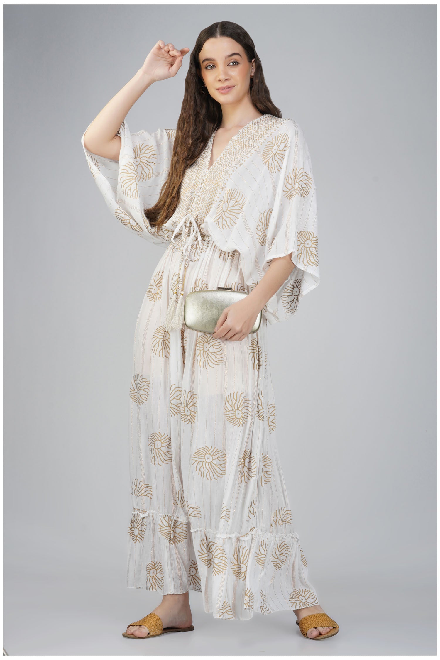 Women's V-Neck Long Maxi Dress with Short Sleeves - White