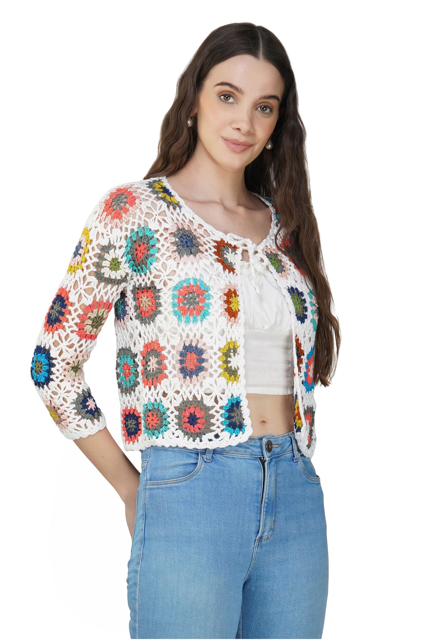 Women's Floral Crochet Knit Sweater - White