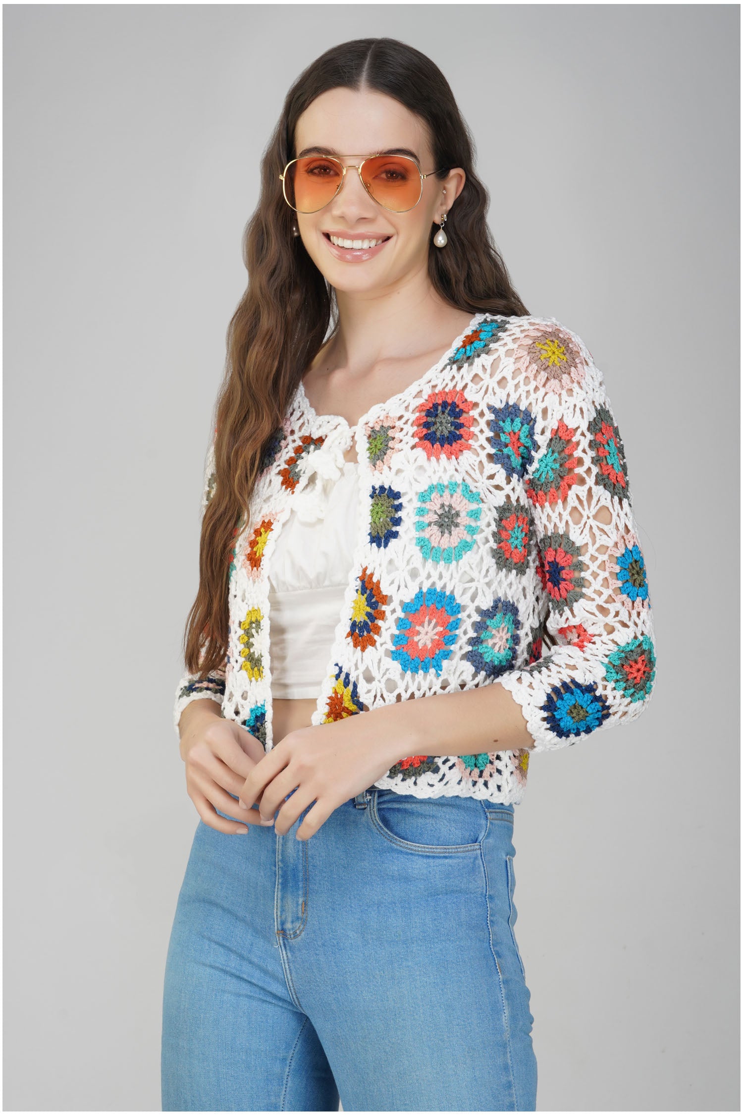 Women's Floral Crochet Knit Sweater - White