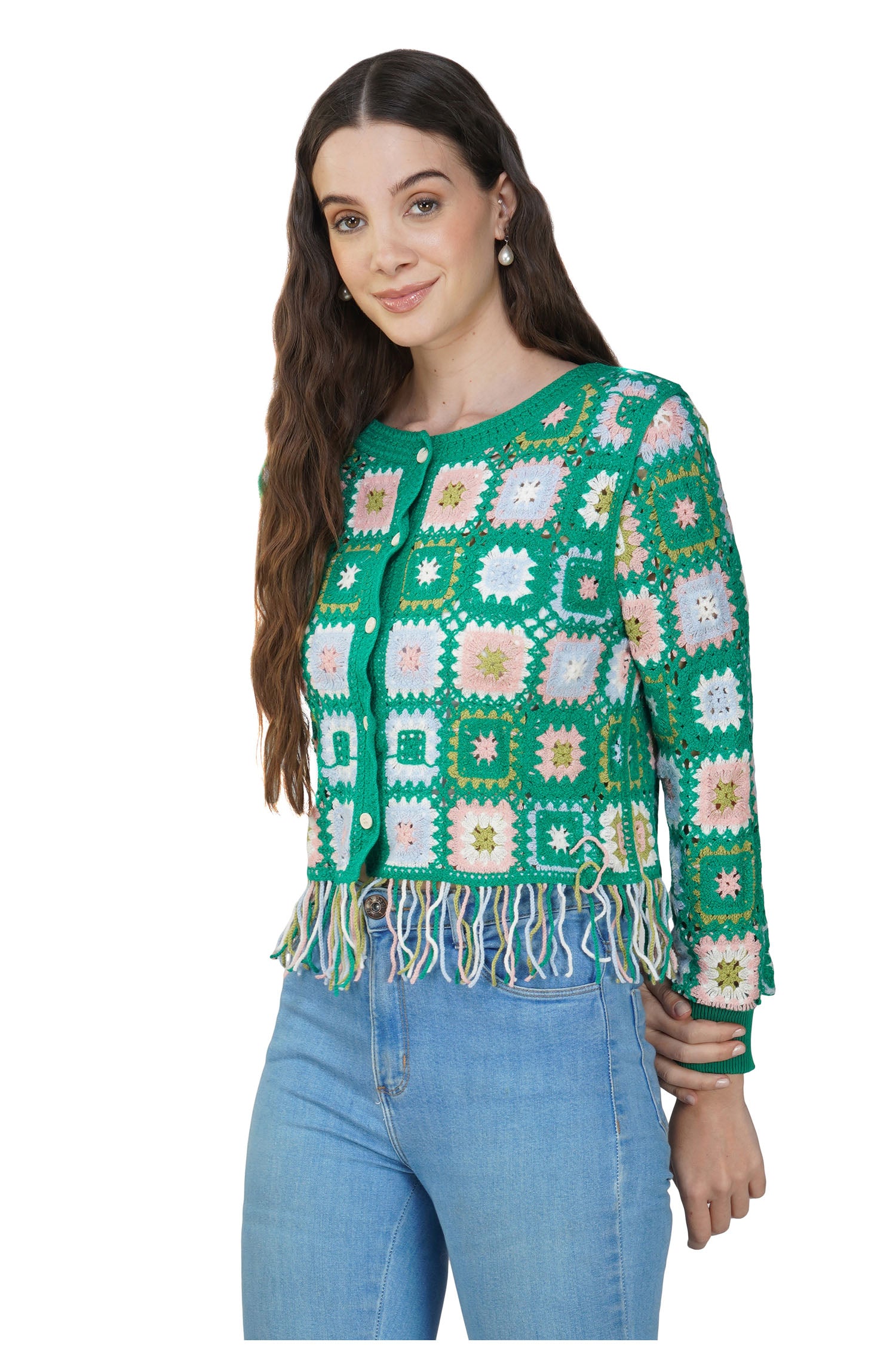 Fringe Crotchet Cardigan - Hunter Green