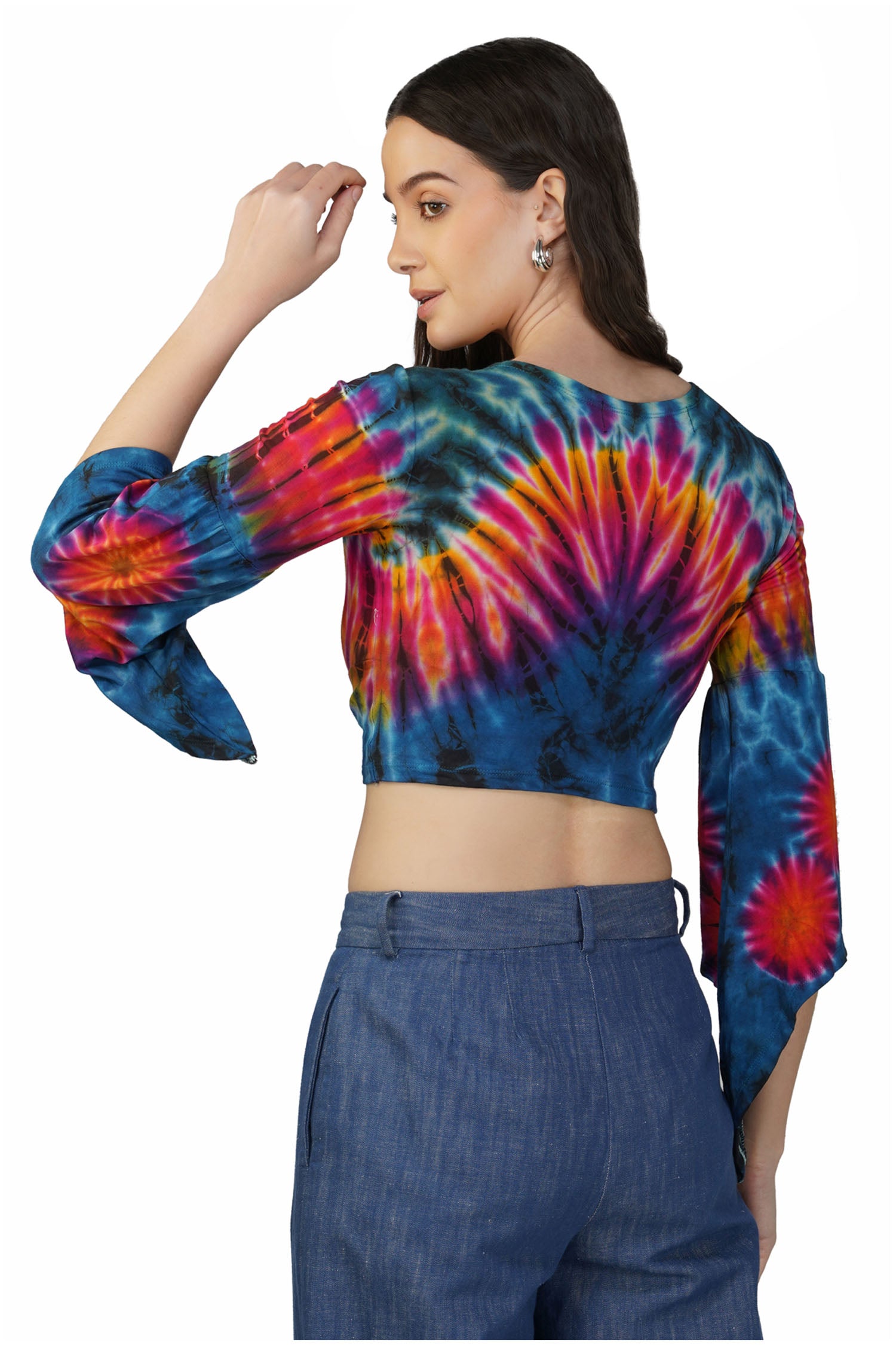 Tie Dyed Crop Front Twist With Bell Sleeves - Blue