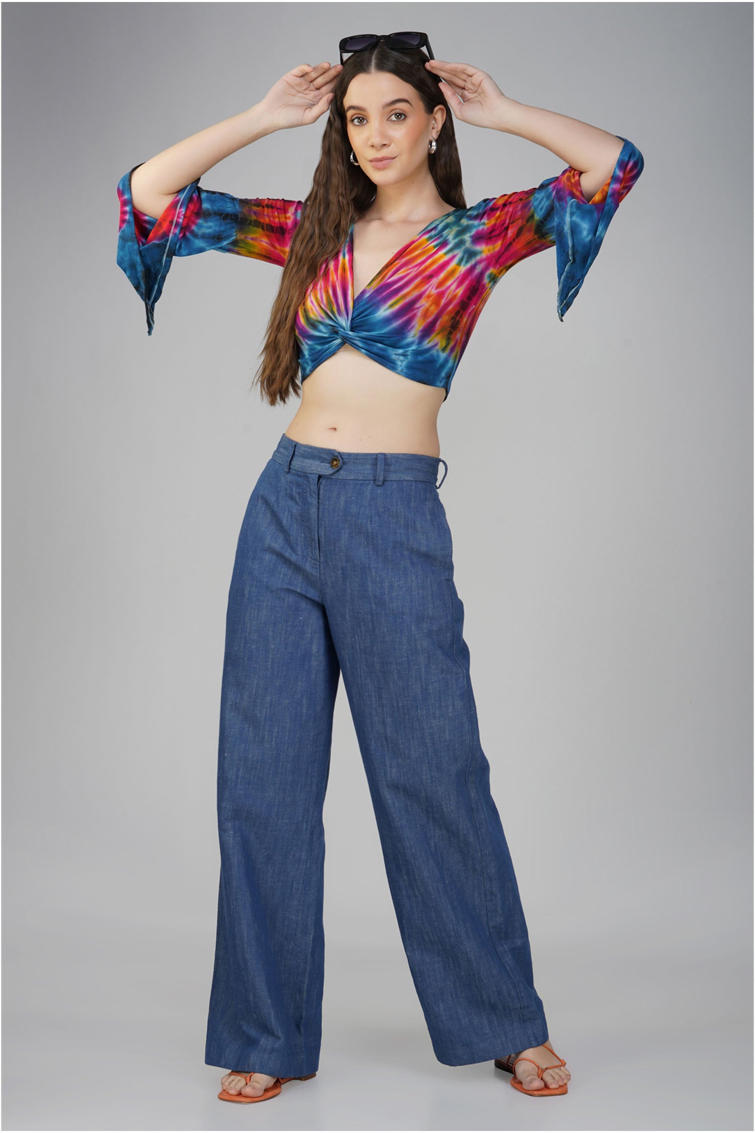 Tie Dyed Crop Front Twist With Bell Sleeves - Blue