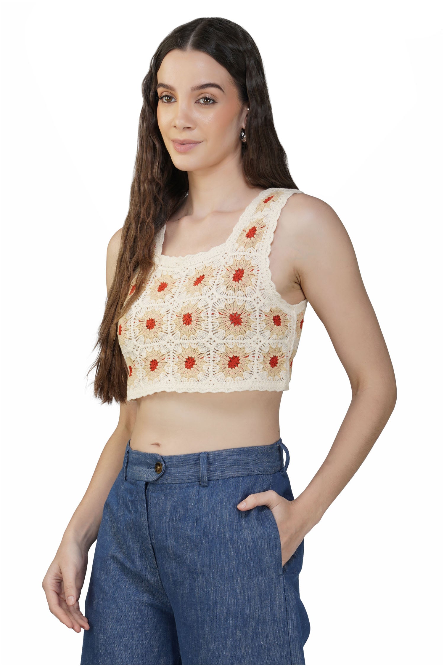 Women's Knitted Hollow Out Sunflower - Cream