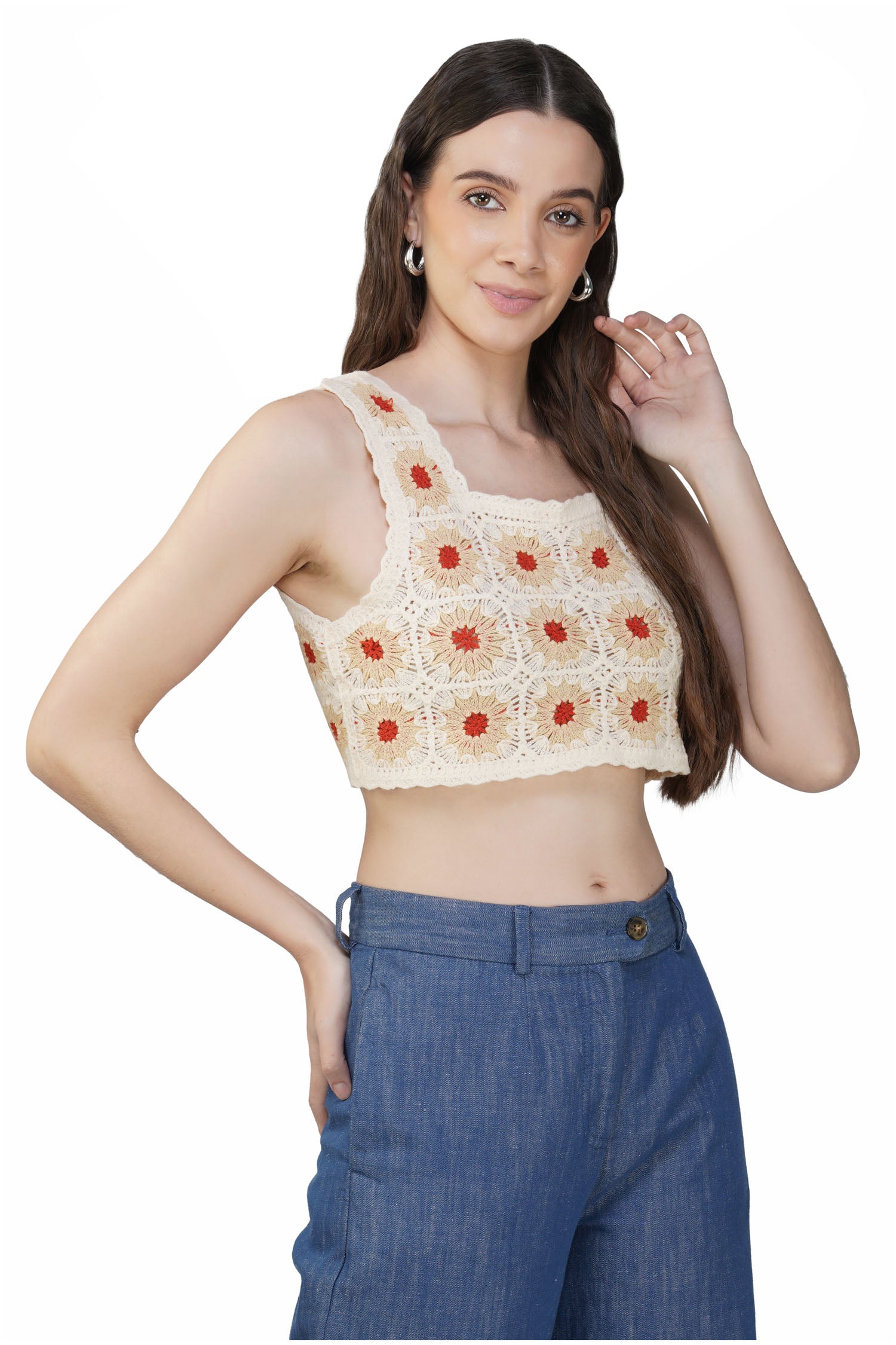 Women's Knitted Hollow Out Sunflower - Cream