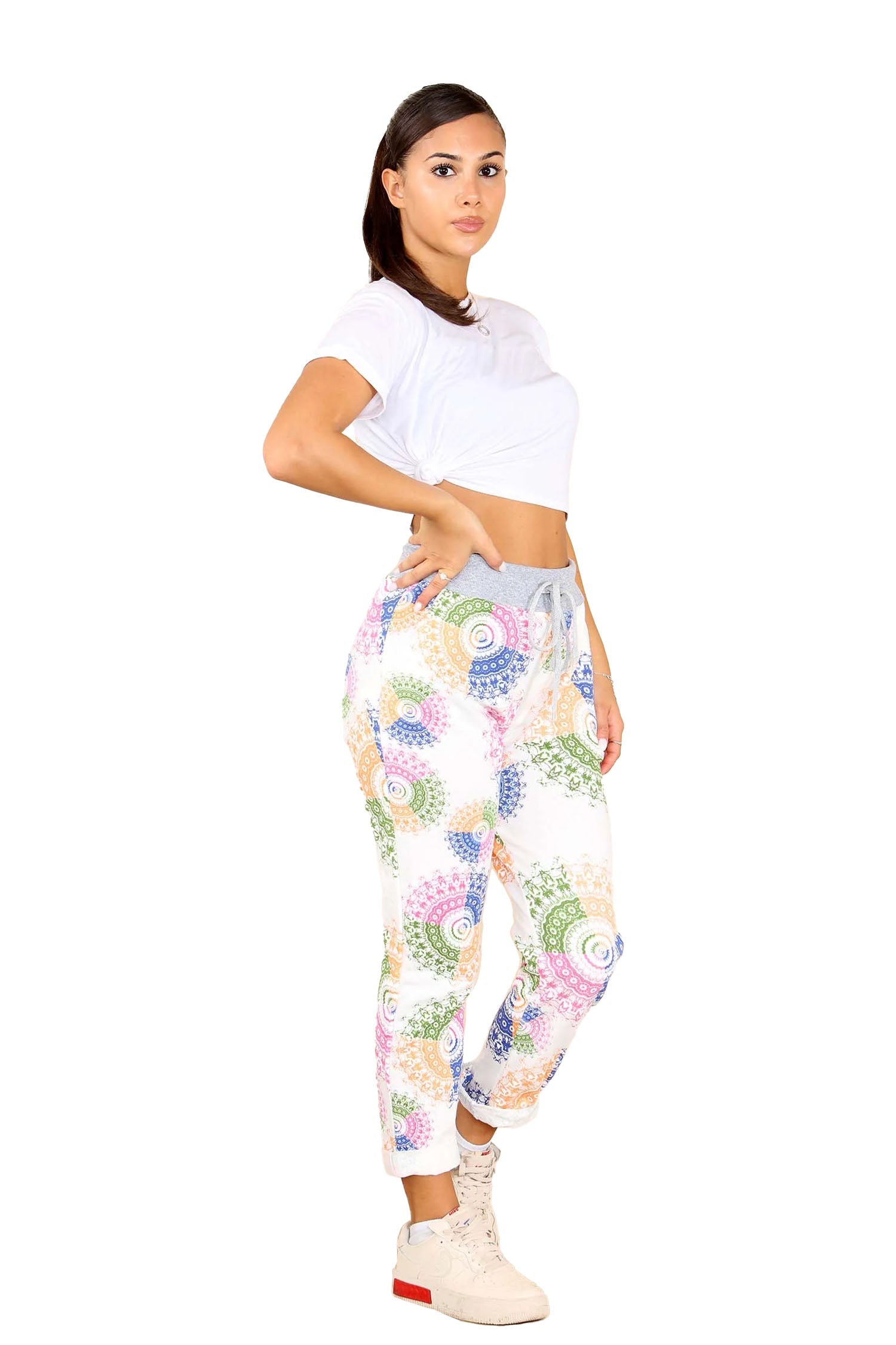 Italian Aboriginal Print Drawstring Cotton Joggers - White