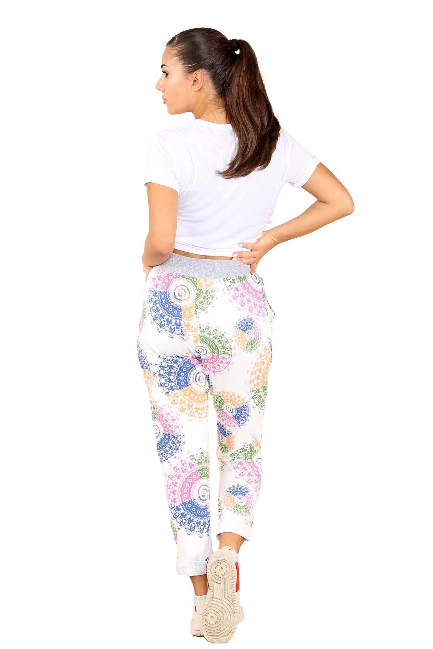 Italian Aboriginal Print Drawstring Cotton Joggers - White