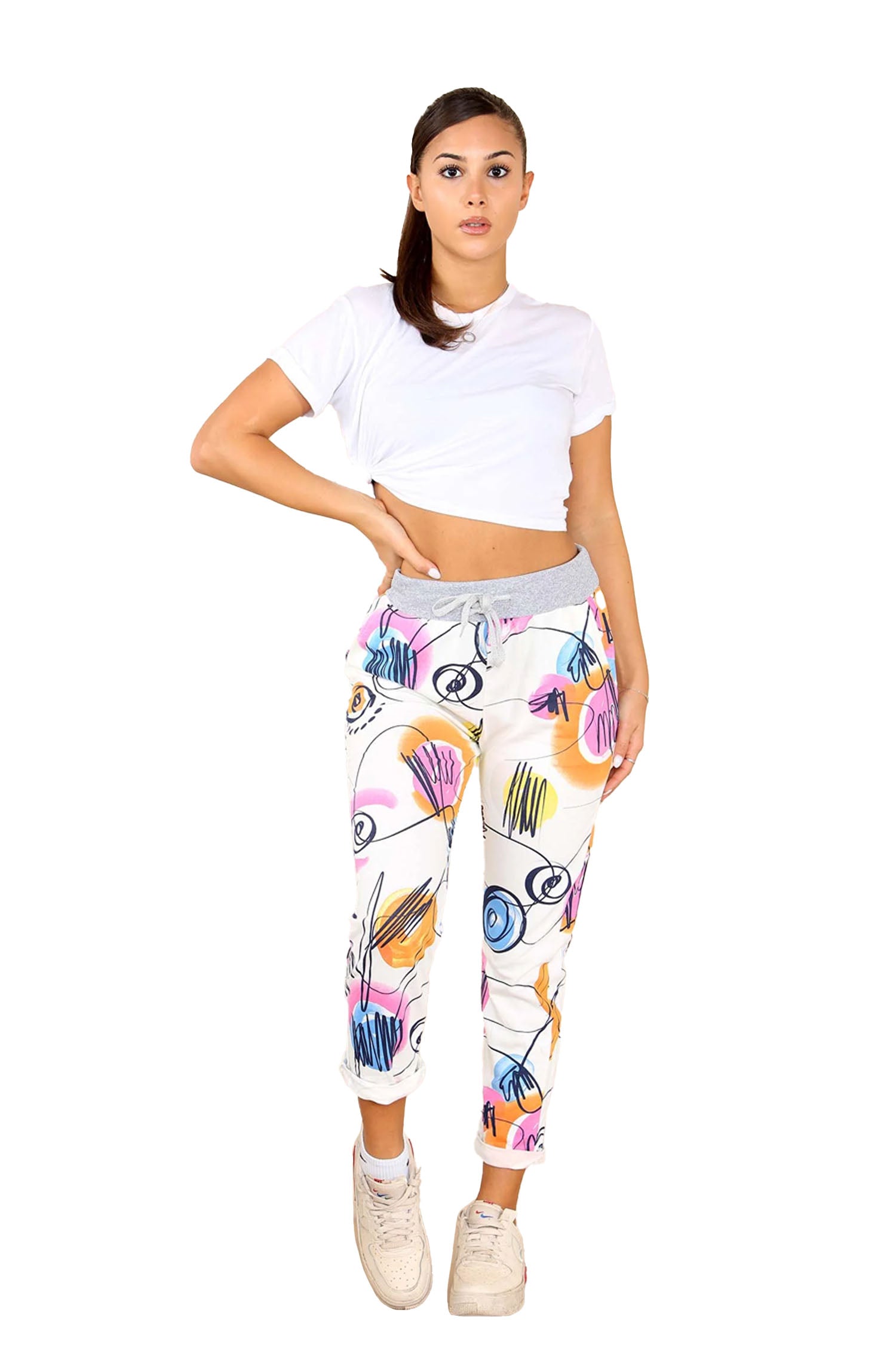 Italian Abstract Paint Print Drawstring Cotton Joggers - White