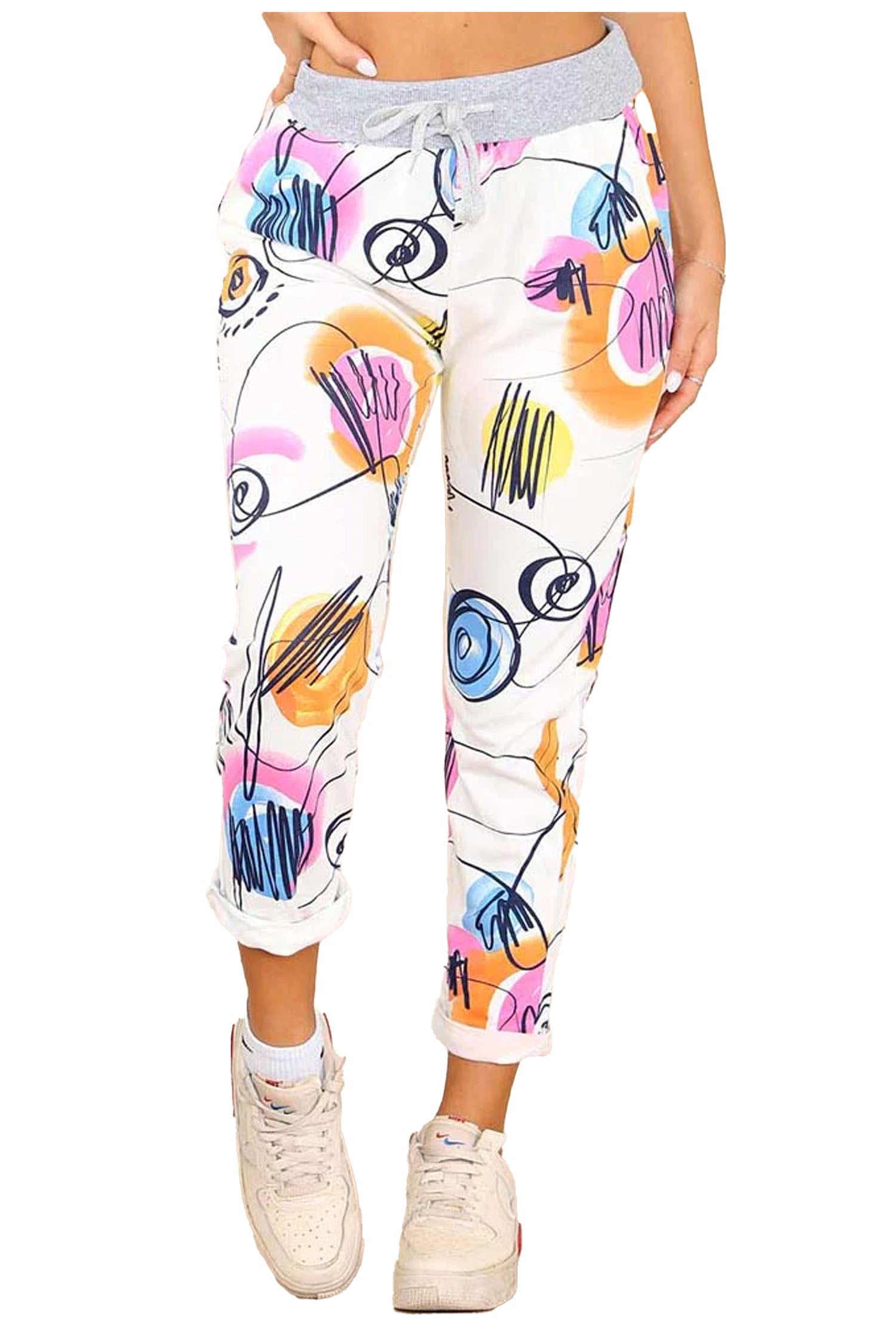 Italian Abstract Paint Print Drawstring Cotton Joggers - White