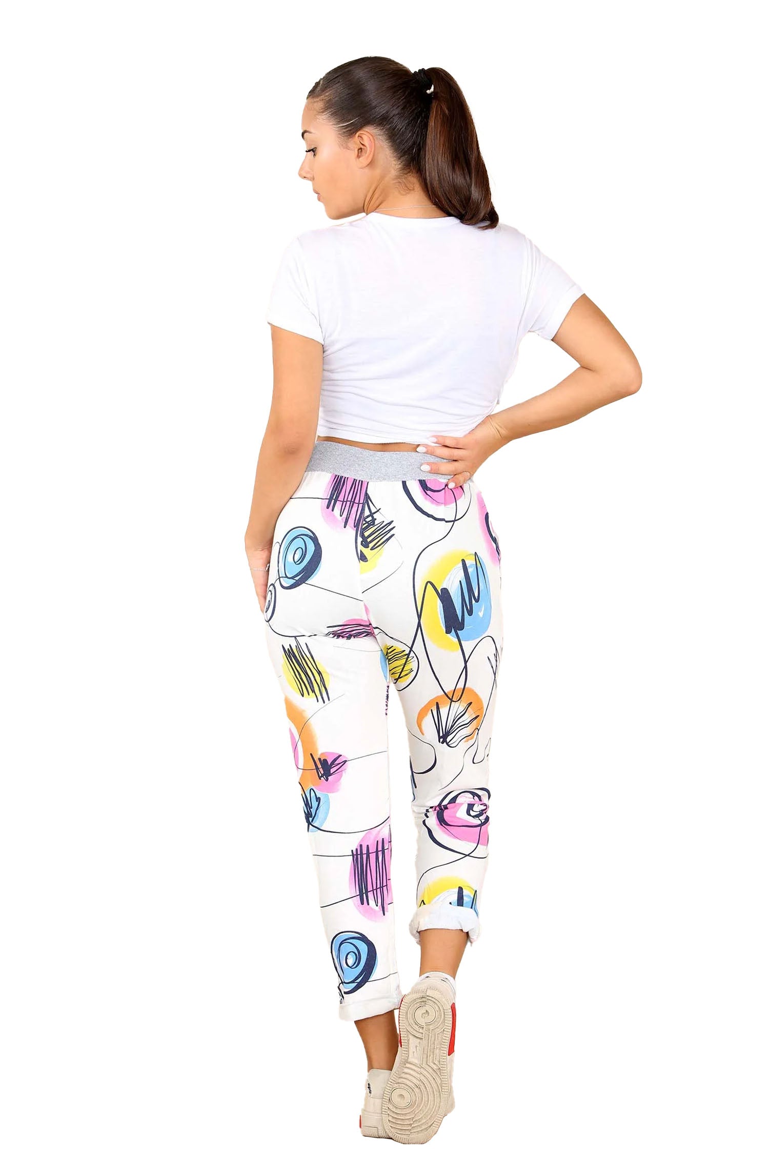 Italian Abstract Paint Print Drawstring Cotton Joggers - White