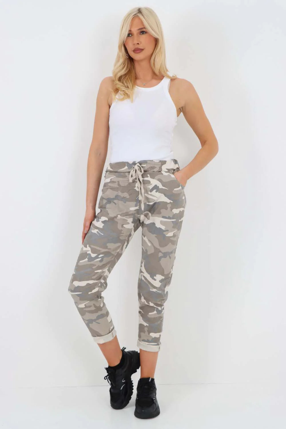 Italian Drawstring Camo Side Pockets Trousers - Beige