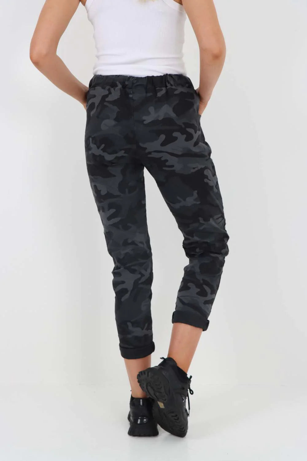 Italian Drawstring Camo Side Pockets Trousers - Black