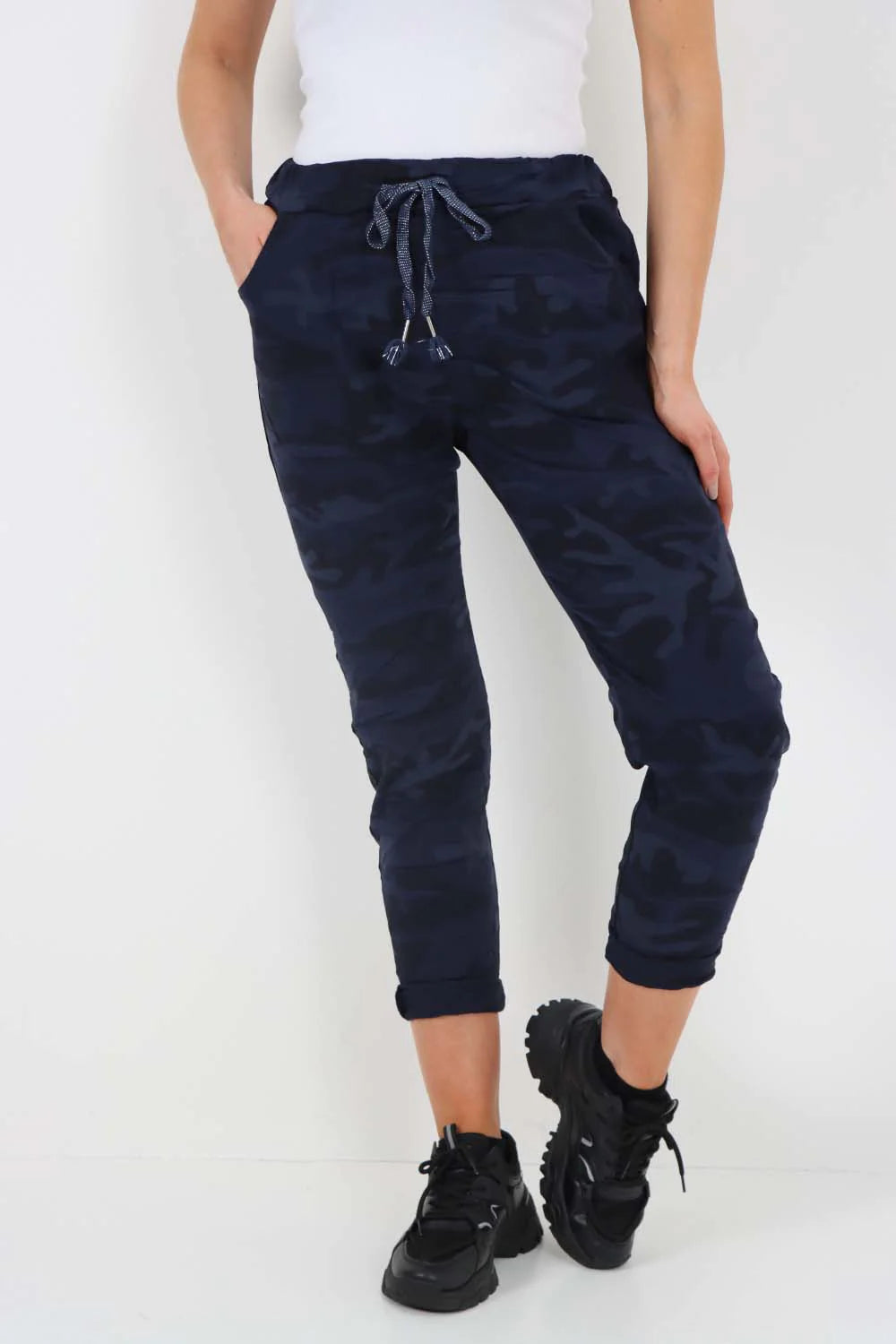 Italian Drawstring Camo Side Pockets Trousers - Blue