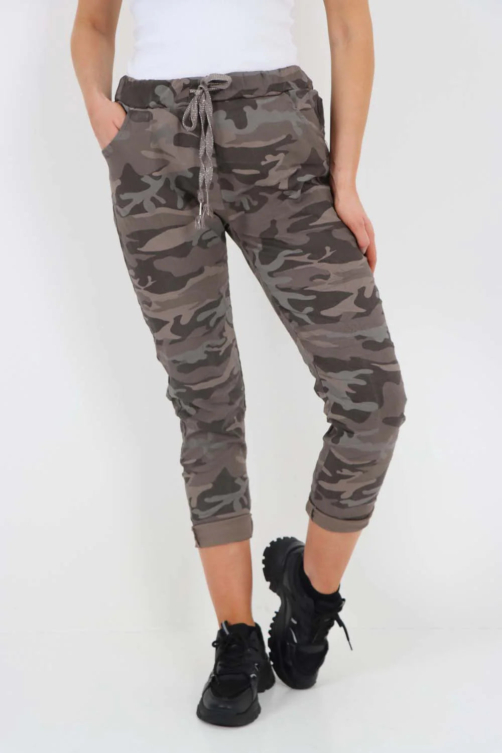 Italian Drawstring Camo Side Pockets Trousers - Brown