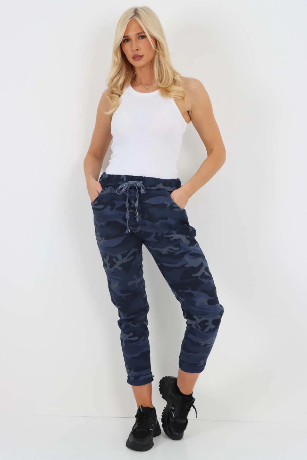 Italian Drawstring Camo Side Pockets Trousers - Denim Blue