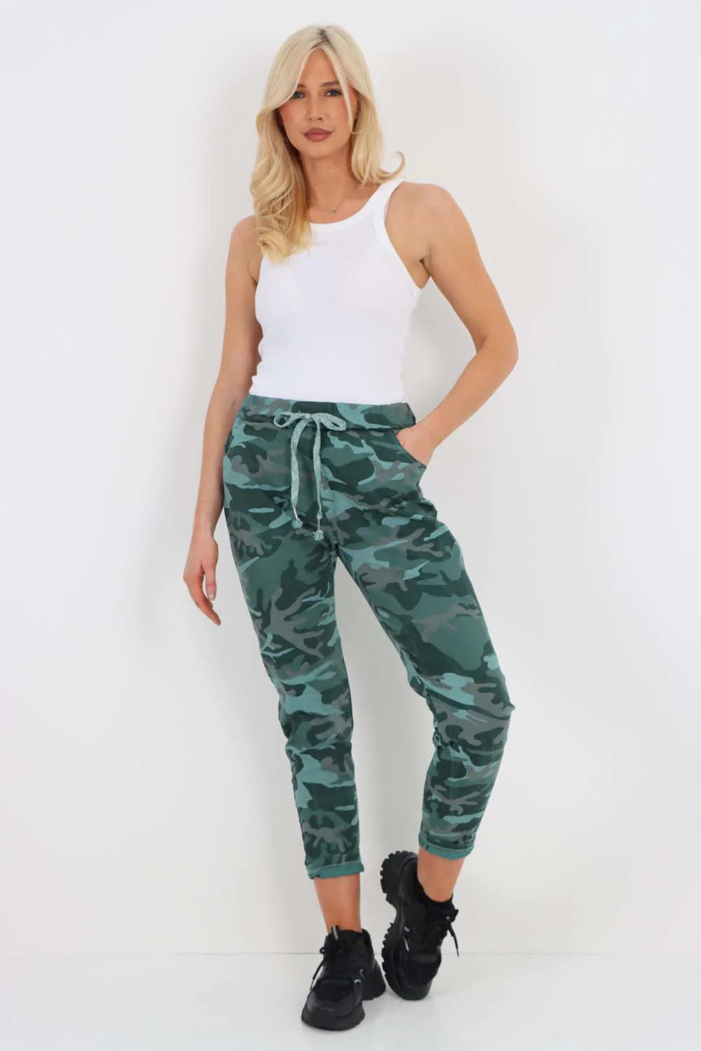 Italian Drawstring Camo Side Pockets Trousers - Green