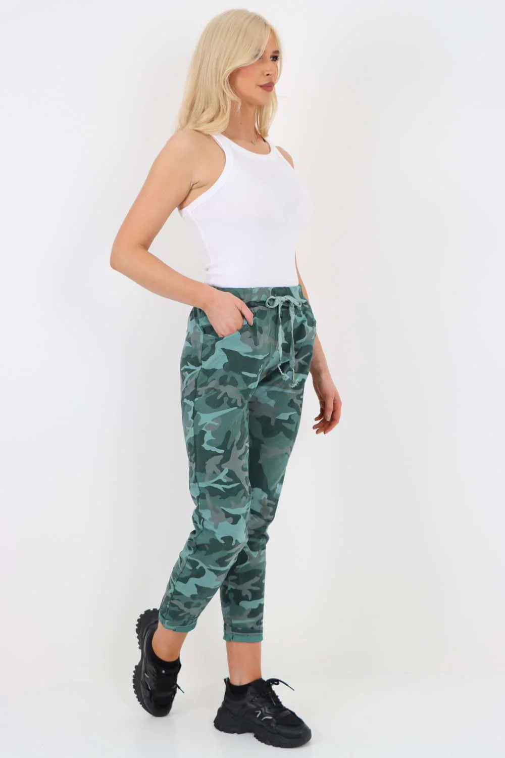 Italian Drawstring Camo Side Pockets Trousers - Green