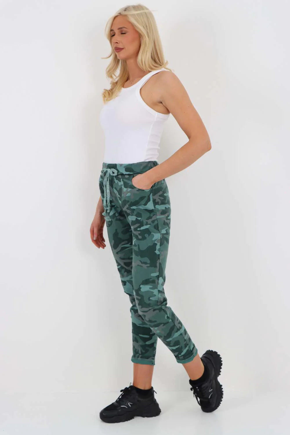 Italian Drawstring Camo Side Pockets Trousers - Green