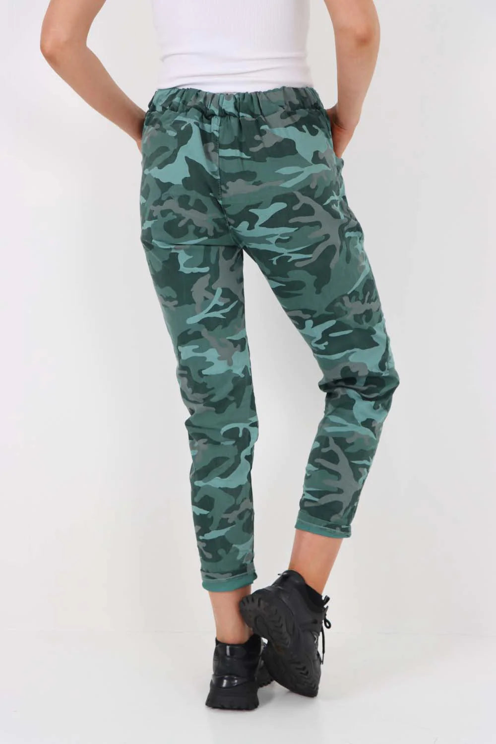 Italian Drawstring Camo Side Pockets Trousers - Green