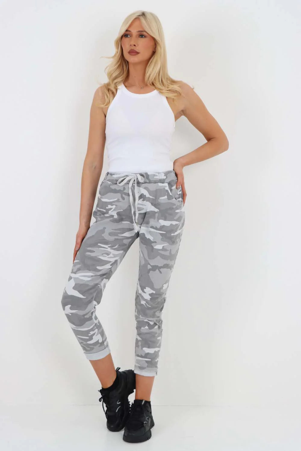 Italian Drawstring Camo Side Pockets Trousers - Grey