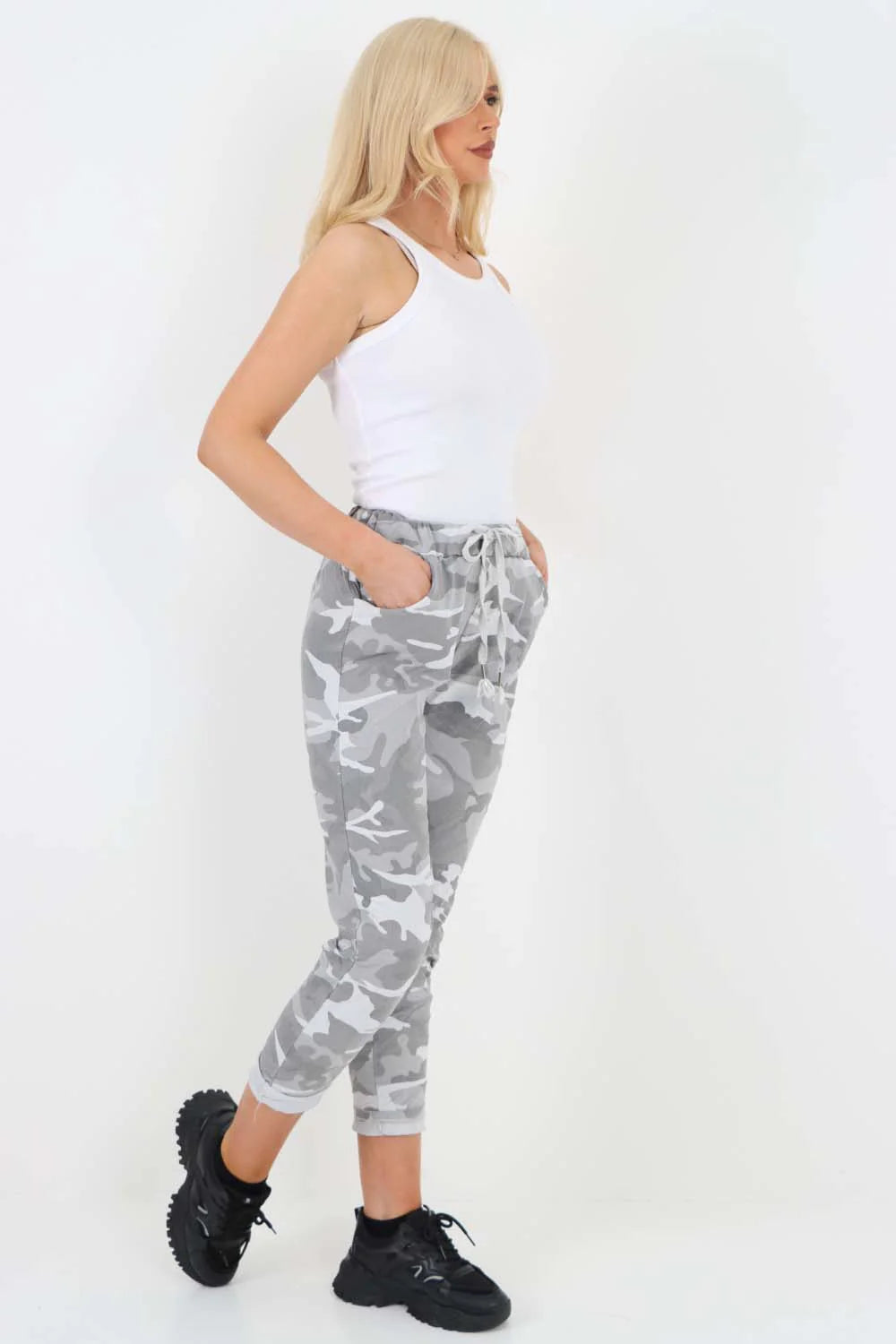 Italian Drawstring Camo Side Pockets Trousers - Grey