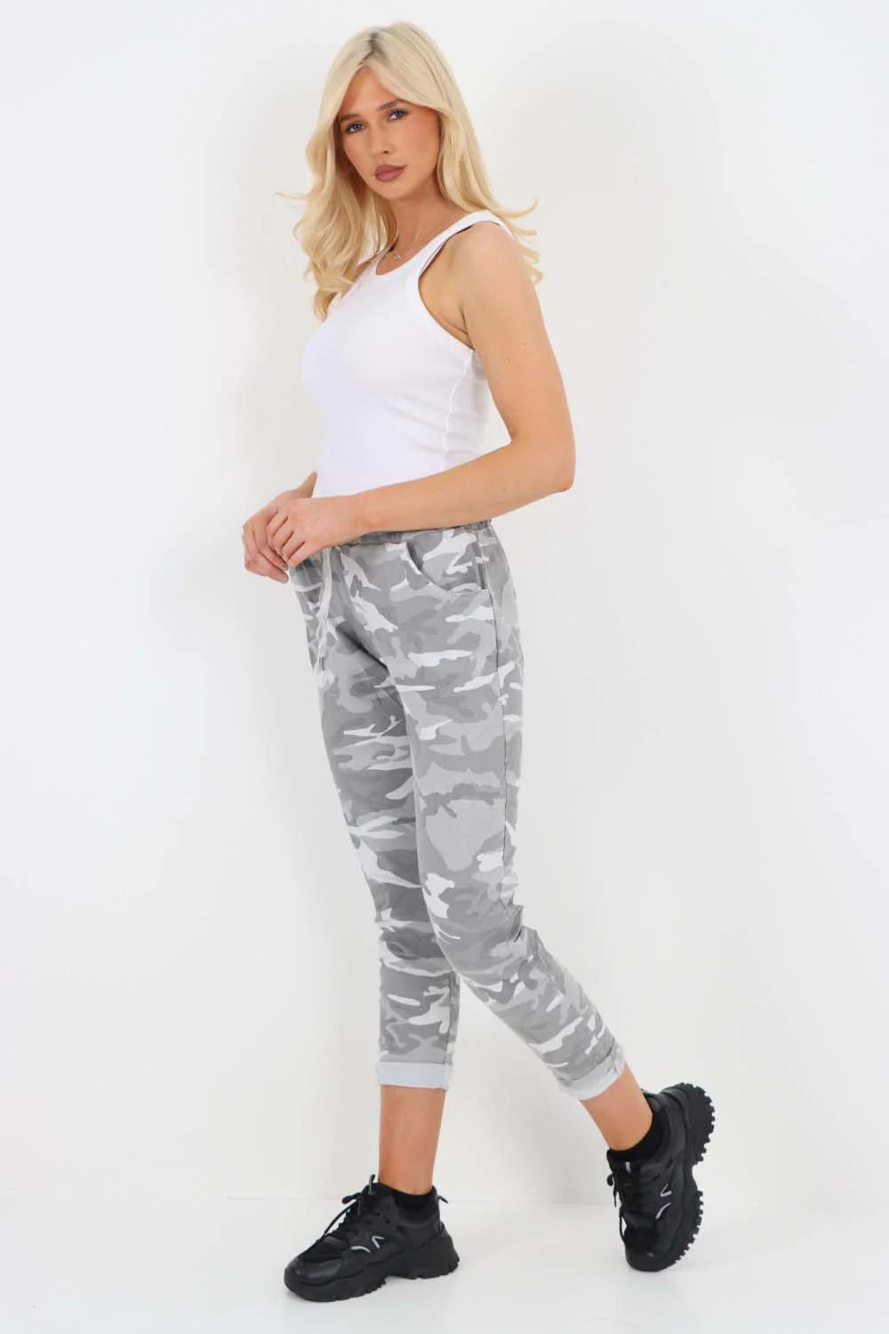 Italian Drawstring Camo Side Pockets Trousers - Grey