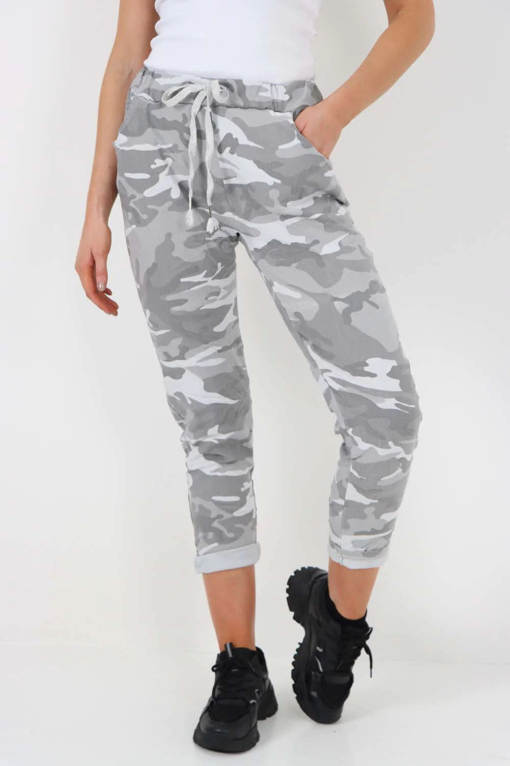 Italian Drawstring Camo Side Pockets Trousers - Grey