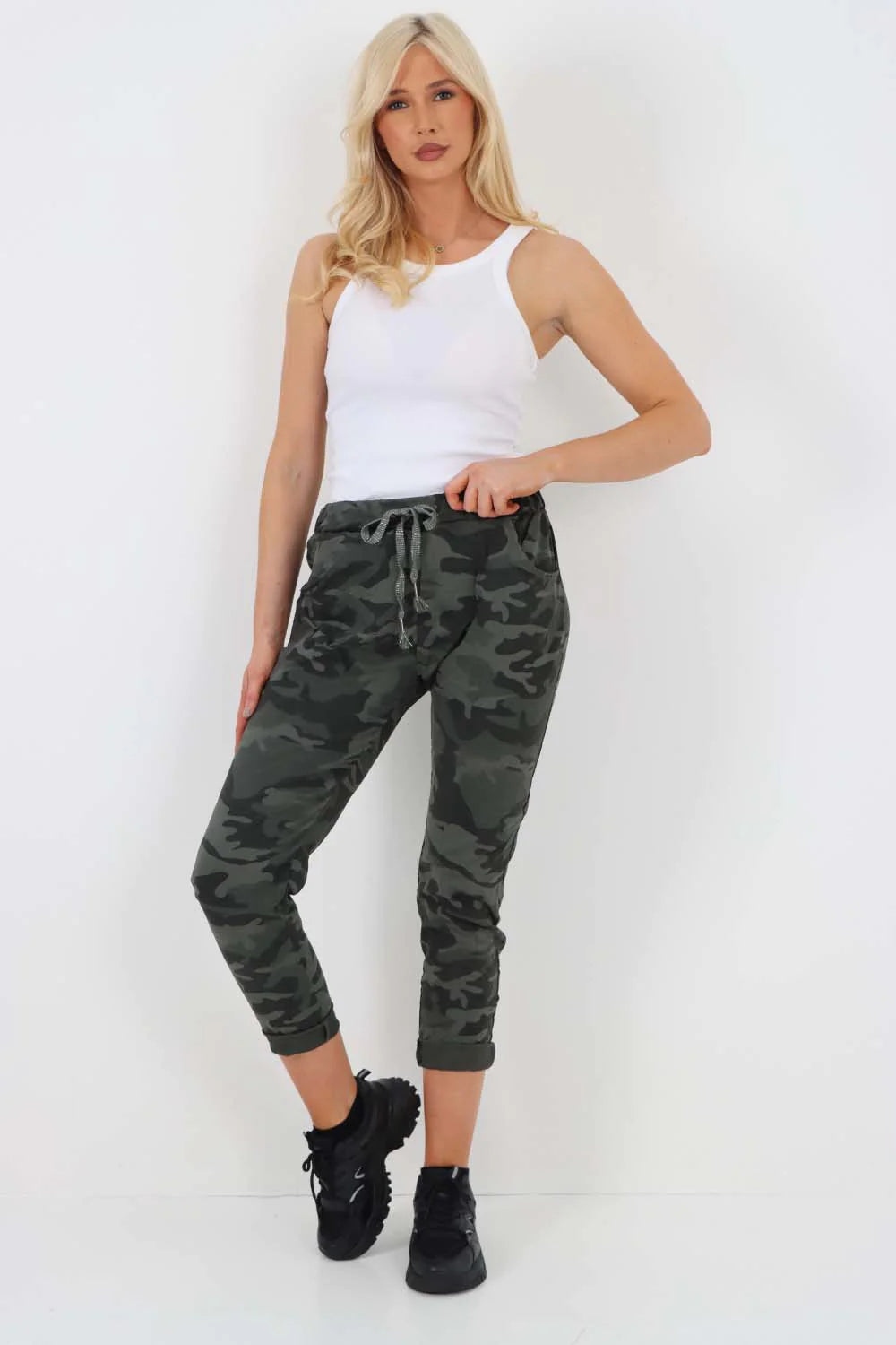 Italian Drawstring Camo Side Pockets Trousers - Khaki