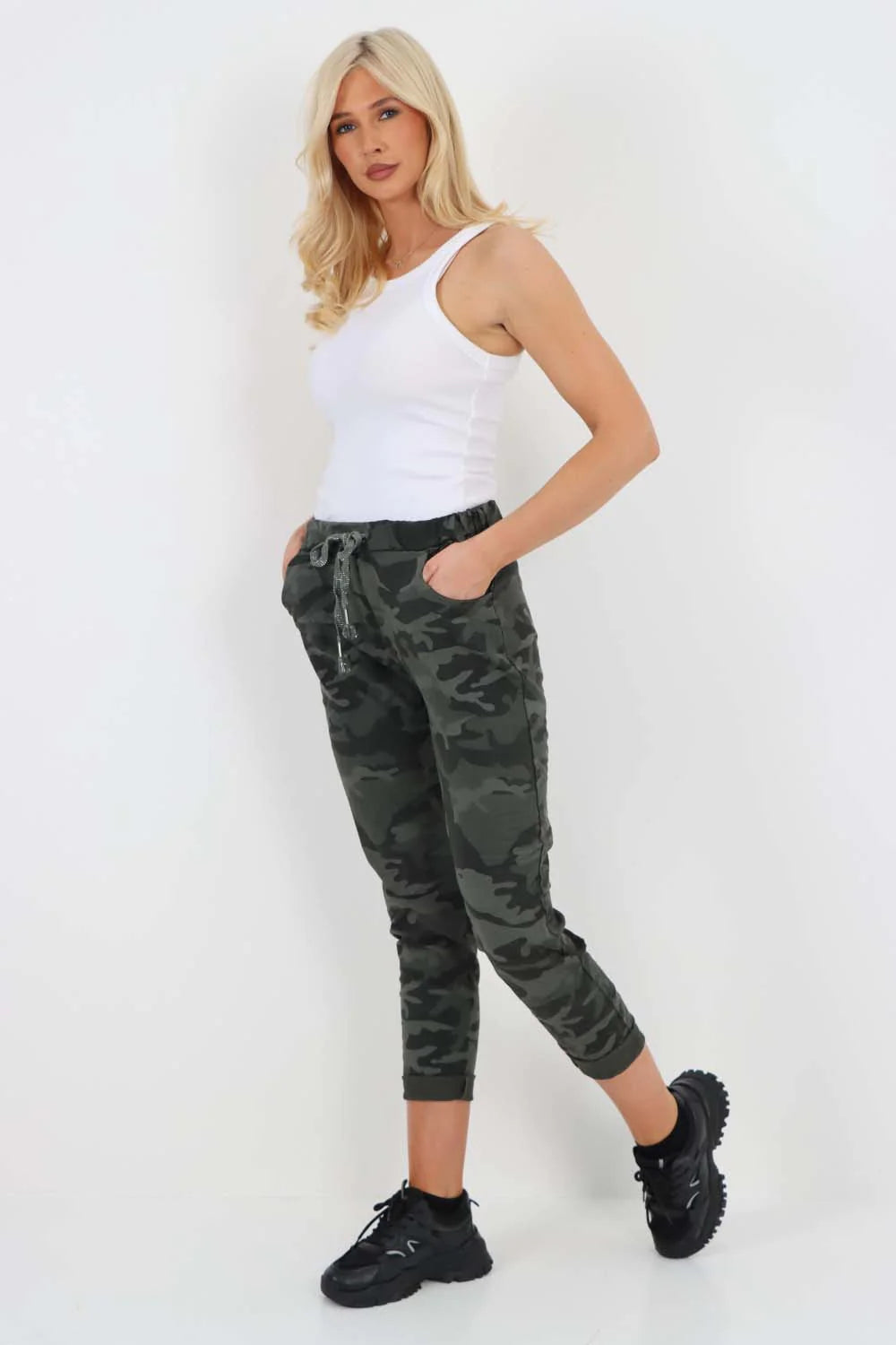 Italian Drawstring Camo Side Pockets Trousers - Khaki