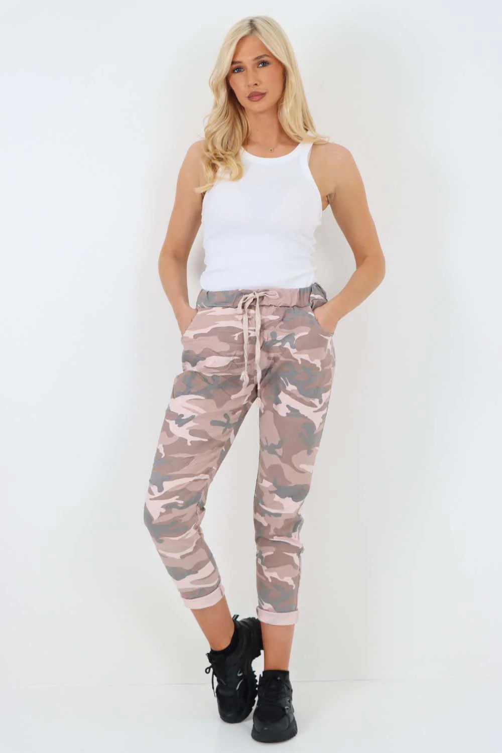 Italian Drawstring Camo Side Pockets Trousers - Pink