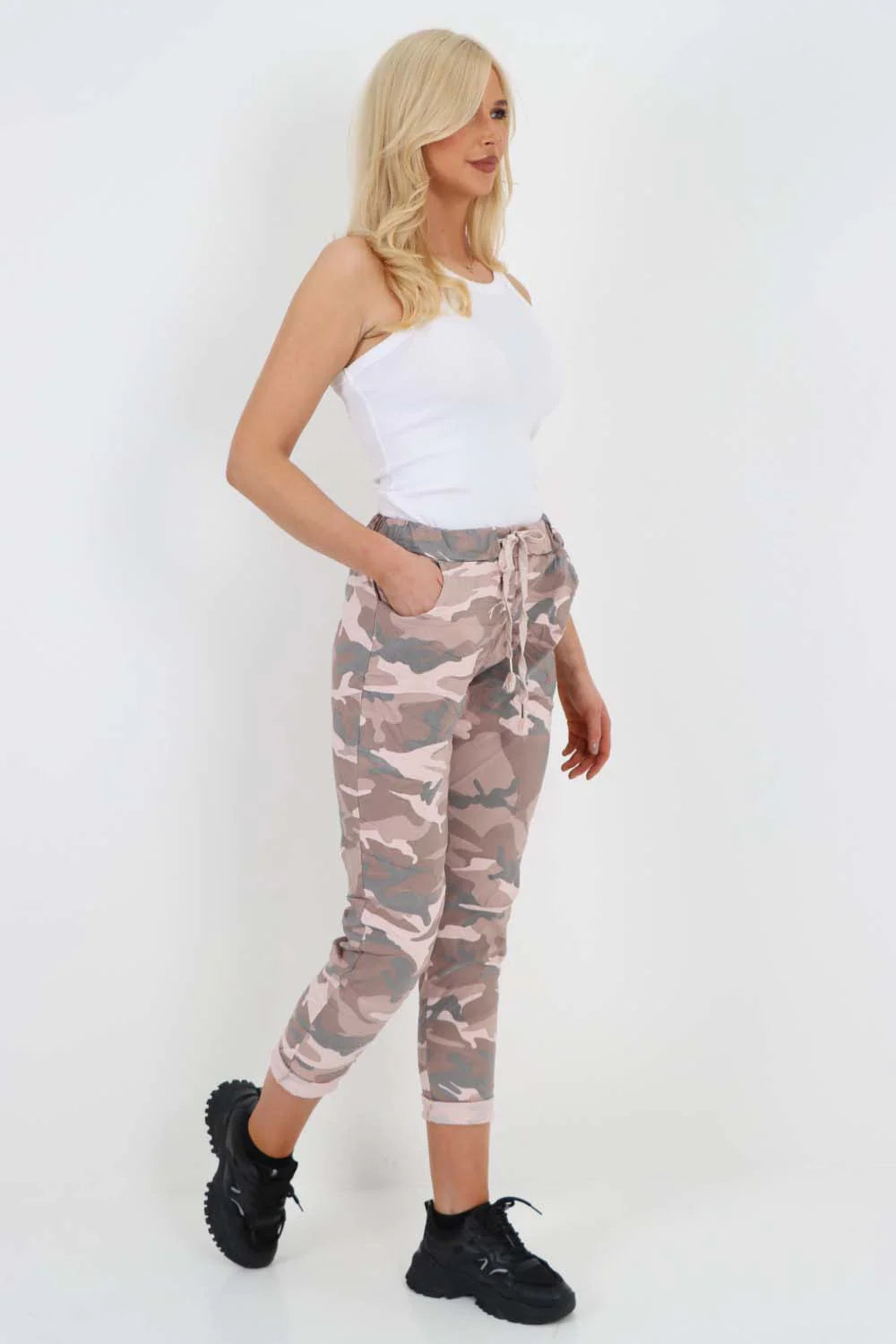 Italian Drawstring Camo Side Pockets Trousers - Pink