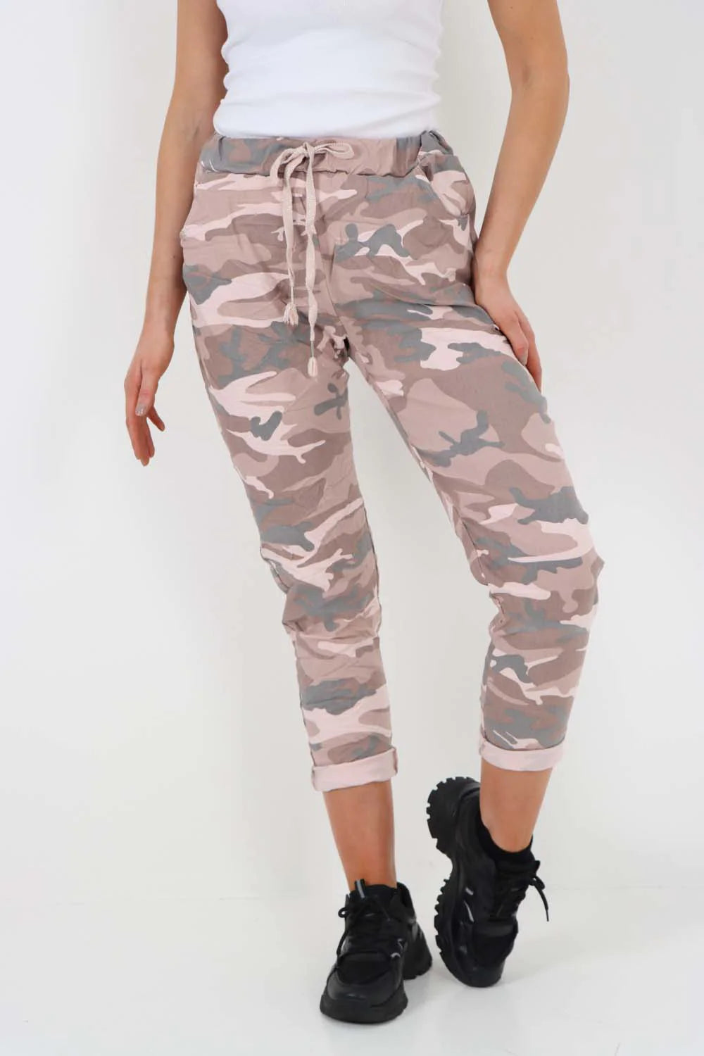 Italian Drawstring Camo Side Pockets Trousers - Pink