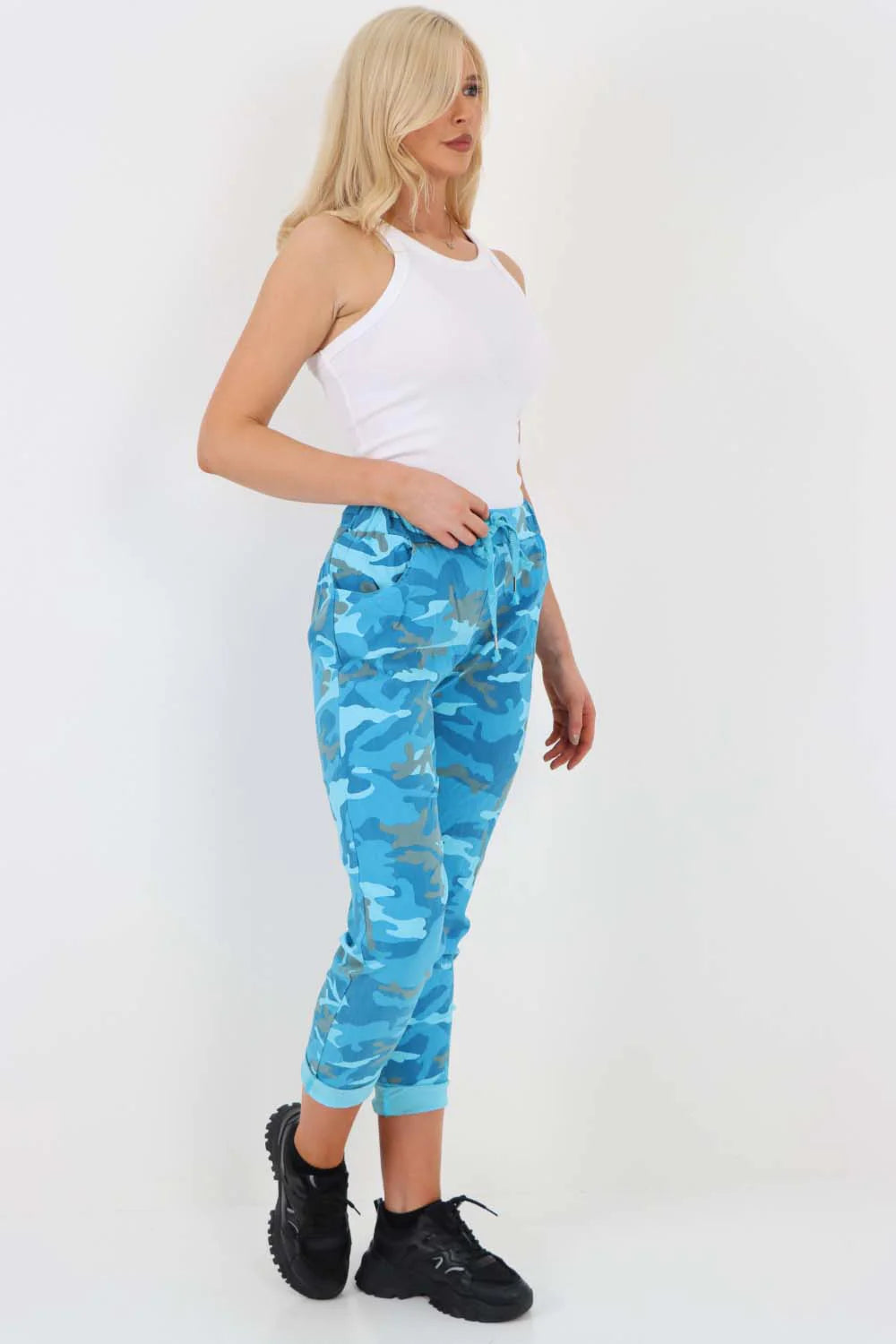 Italian Drawstring Camo Side Pockets Trousers - Turquoise