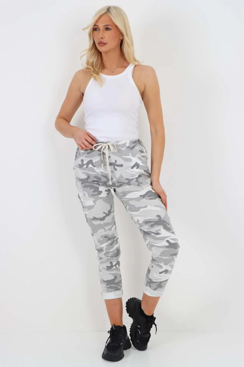 Italian Drawstring Camo Side Pockets Trousers - White