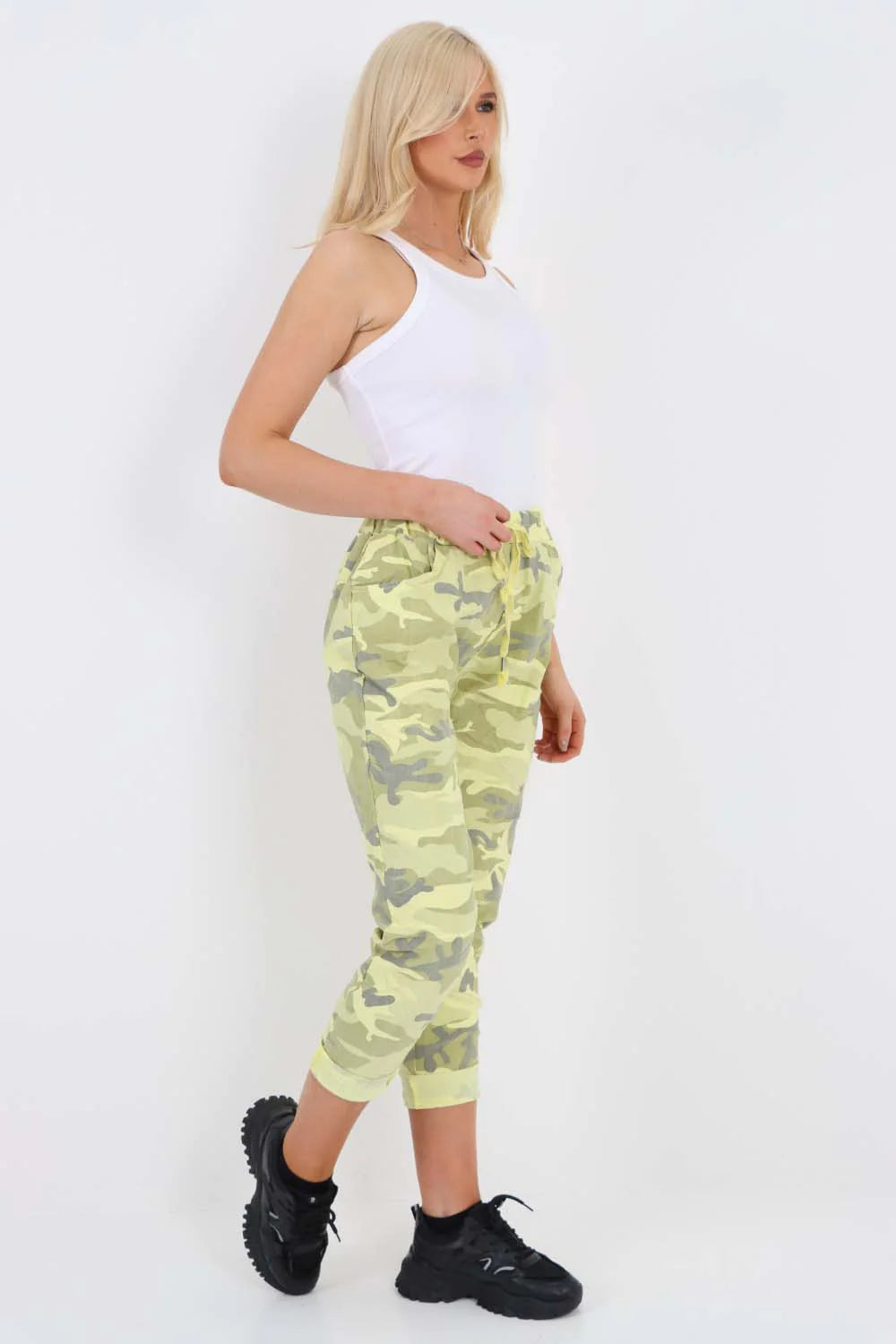 Italian Drawstring Camo Side Pockets Trousers - Yellow