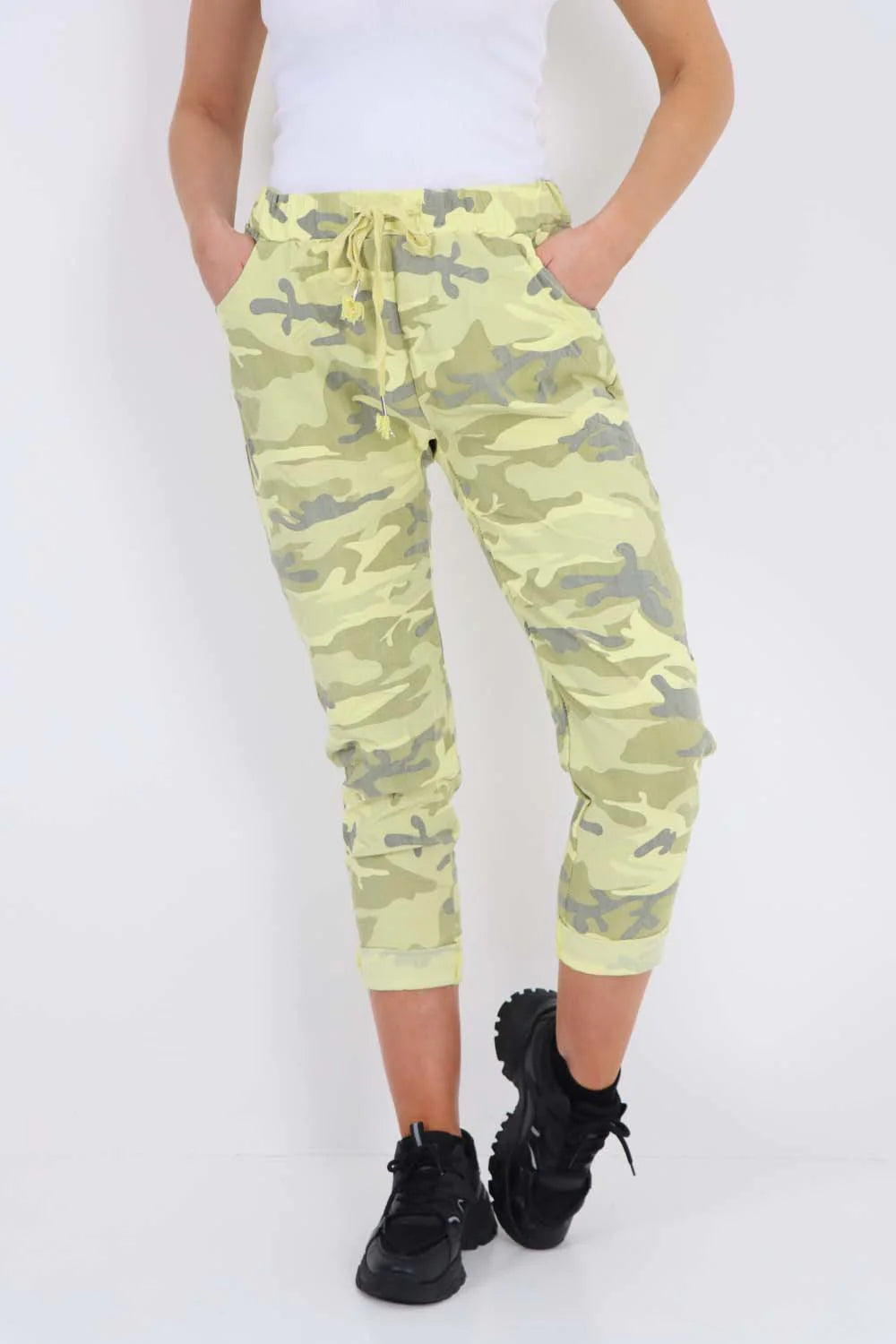 Italian Drawstring Camo Side Pockets Trousers - Yellow