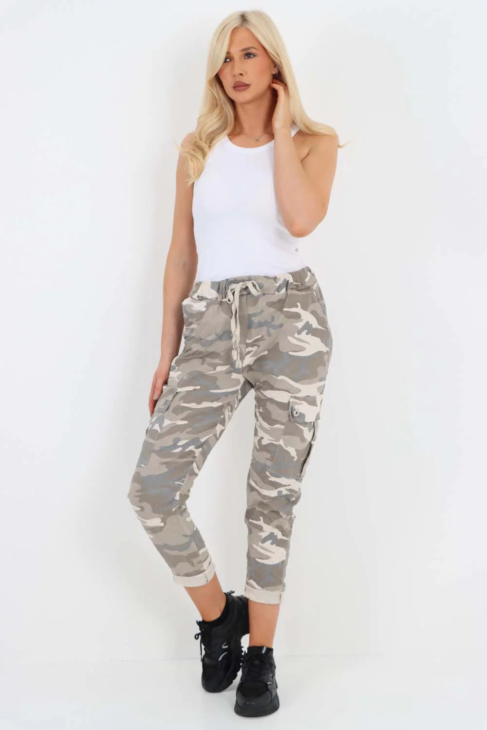 Italian Drawstring Camo Side Pockets Cargo Trousers - Beige