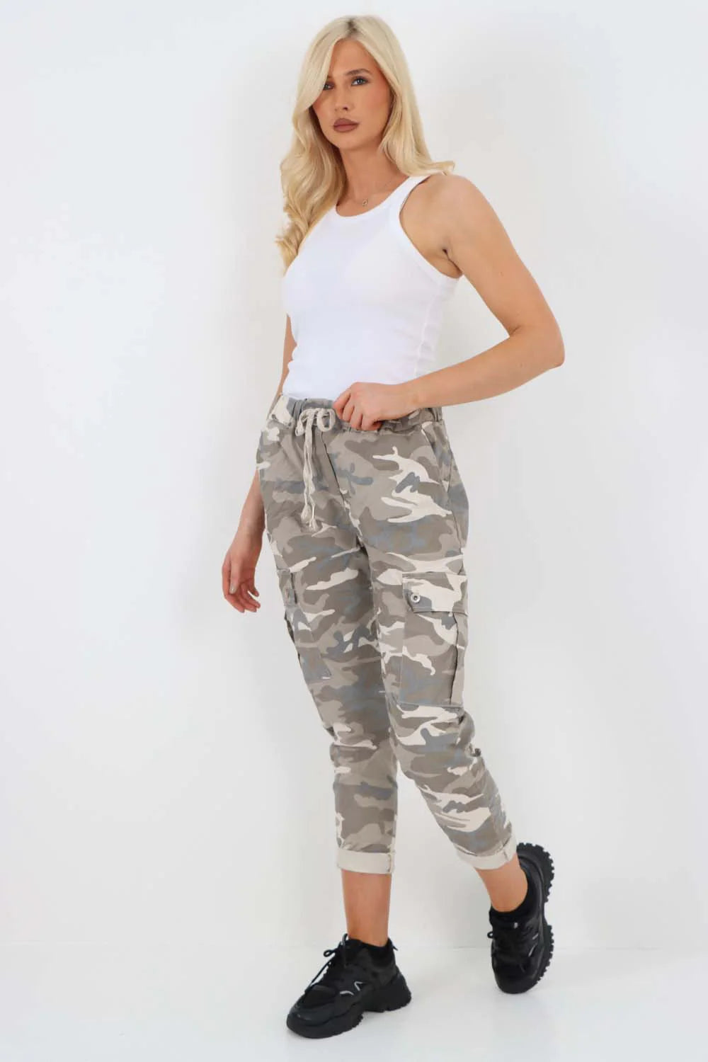 Italian Drawstring Camo Side Pockets Cargo Trousers - Beige