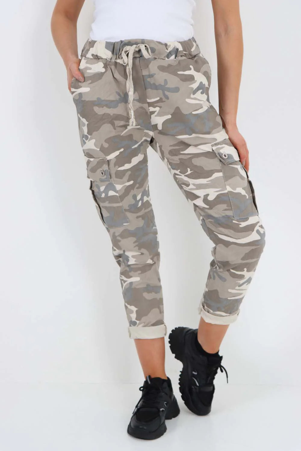 Italian Drawstring Camo Side Pockets Cargo Trousers - Beige